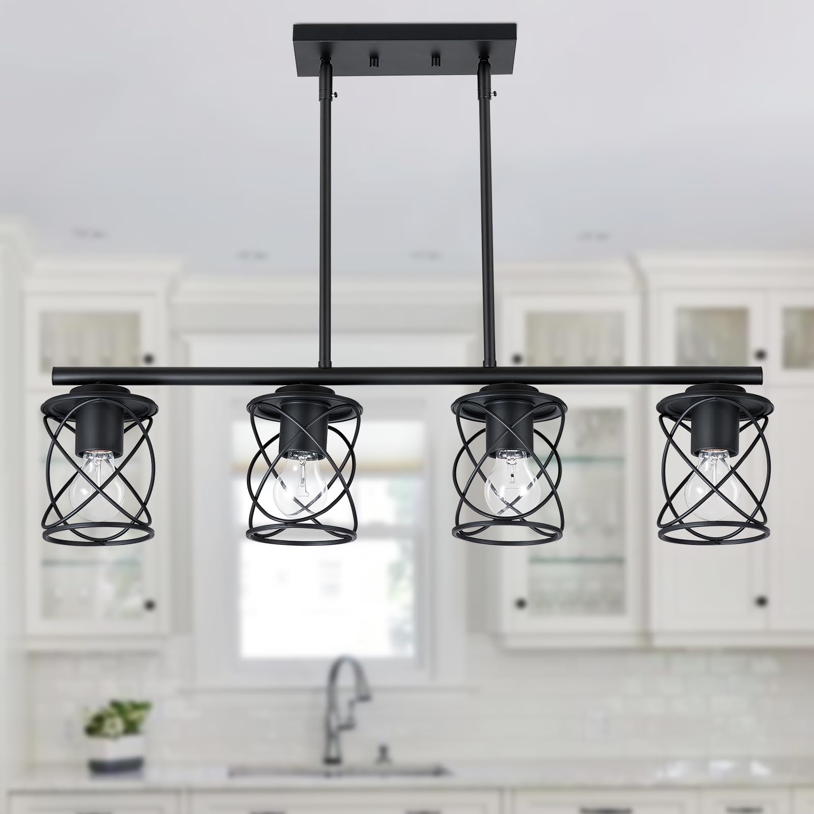 Farmhouse Linear Pendant Light - 4-Light Adjustable Kitchen Island Lighting Fixture, Black Metal Hanging Chandelier for Dining Room & Living Room | Perfect for Kitchen Islands, Breakfast Bars, and Open Concept Spaces