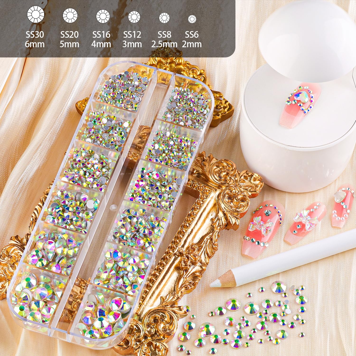 Premium Nail Rhinestones & Pearls Kit - Flatback Glass Crystals, AB & Clear Gemstones with White/Beige Half Round Pearls | Professional Manicure Set Includes Nail Rhinestone Glue Gel & Tools (UV/LED Required) | Perfect for Nail Art, Salon Designs & DIY Home Manicures