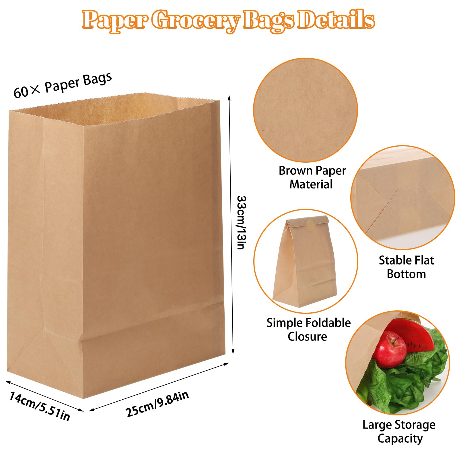 60 Pcs Large Brown Paper Grocery Bags 13x9.8x5.5 Inch - Eco-Friendly Bulk Paper Sacks for Gift Packaging, Shopping & Retail Use - Perfect for Parties, Weddings, Grocery Stores & Farmers Markets