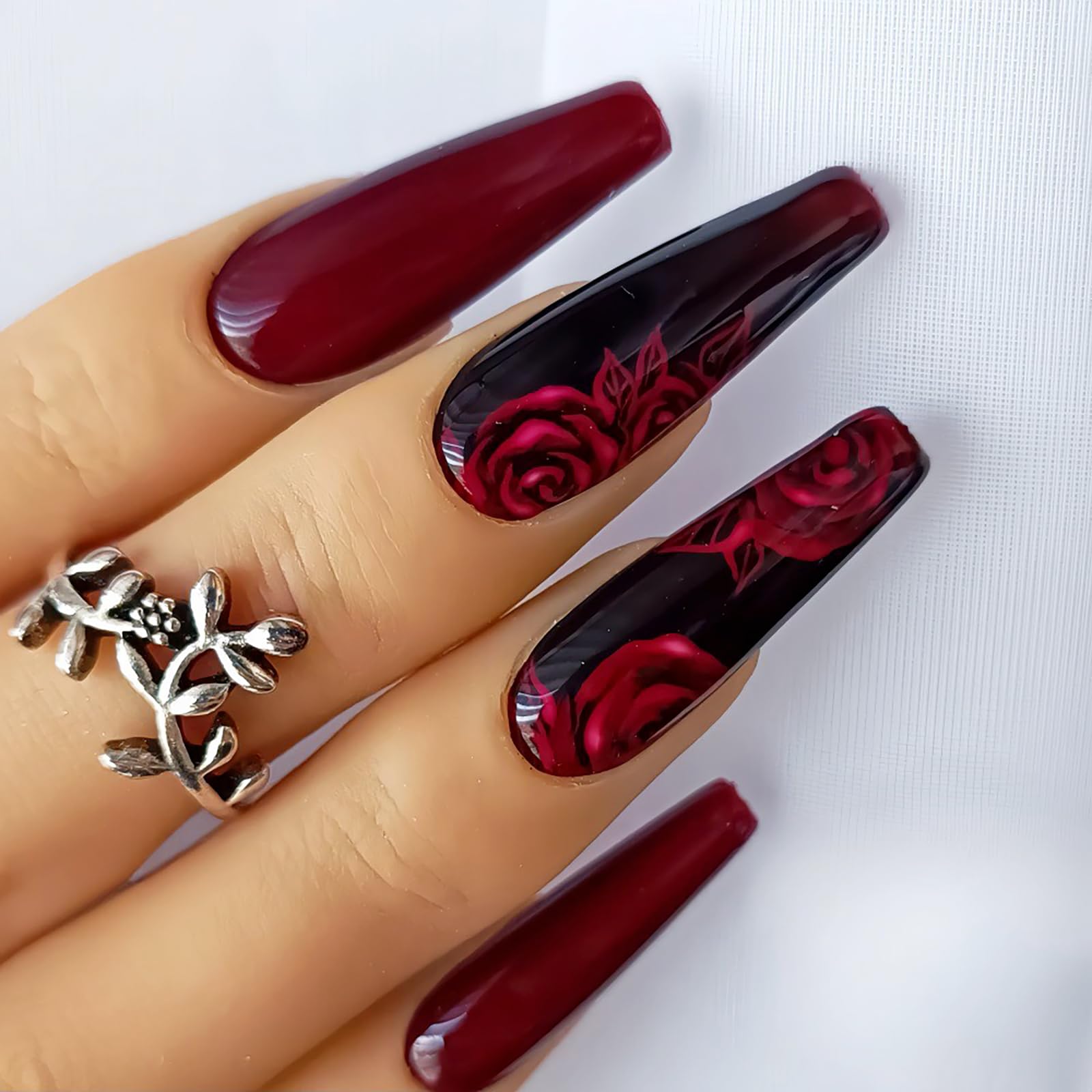 24Pcs Black Press on Nails Long Coffin Fake Nails - Wine Red Rose Flower Design Acrylic Glossy False Nails for Women | Full Cover Glue on Artificial Nails for Autumn Winter | Perfect for Parties, Weddings & Special Occasions