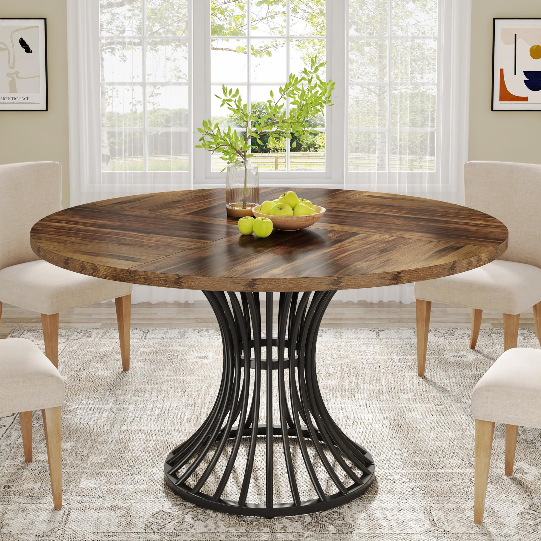 Tribesigns 47-Inch Round Dining Table for 4-6 People, Farmhouse Kitchen Table with Metal Base, Industrial Style Circle Dinner Table for Kitchen, Living Room, Dining Room - Black and Brown Finish, Perfect for Family Meals and Entertaining Guests
