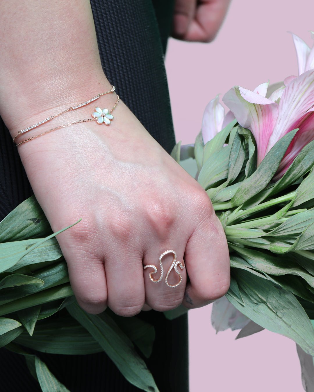 14K Rose Gold Mother of Pearl and Diamond Flower Bracelet for Women - Elegant Station Jewelry for Weddings, Parties & Special Occasions