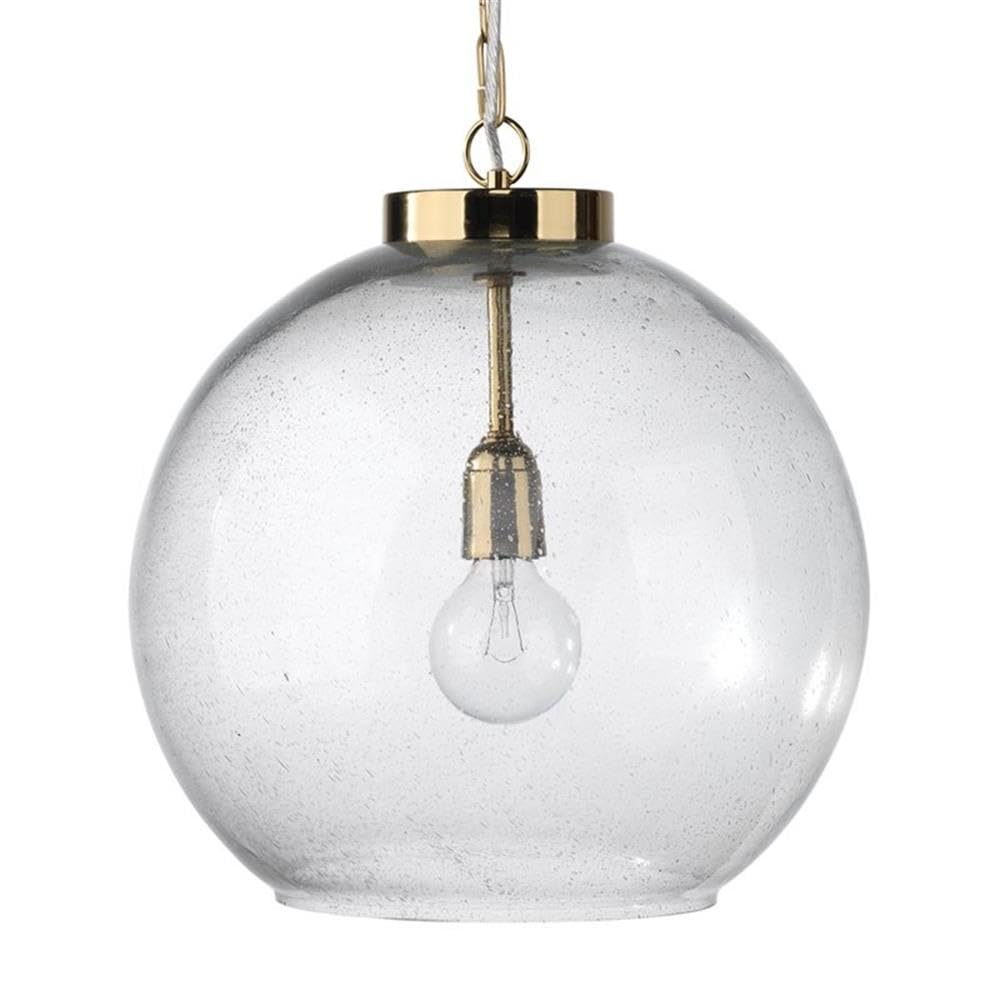 1-Light Farmhouse Metal Pendant Light with Blown Seeded Glass Shade in Antique Brass - Perfect for Kitchen Island, Dining Room, and Entryway Lighting