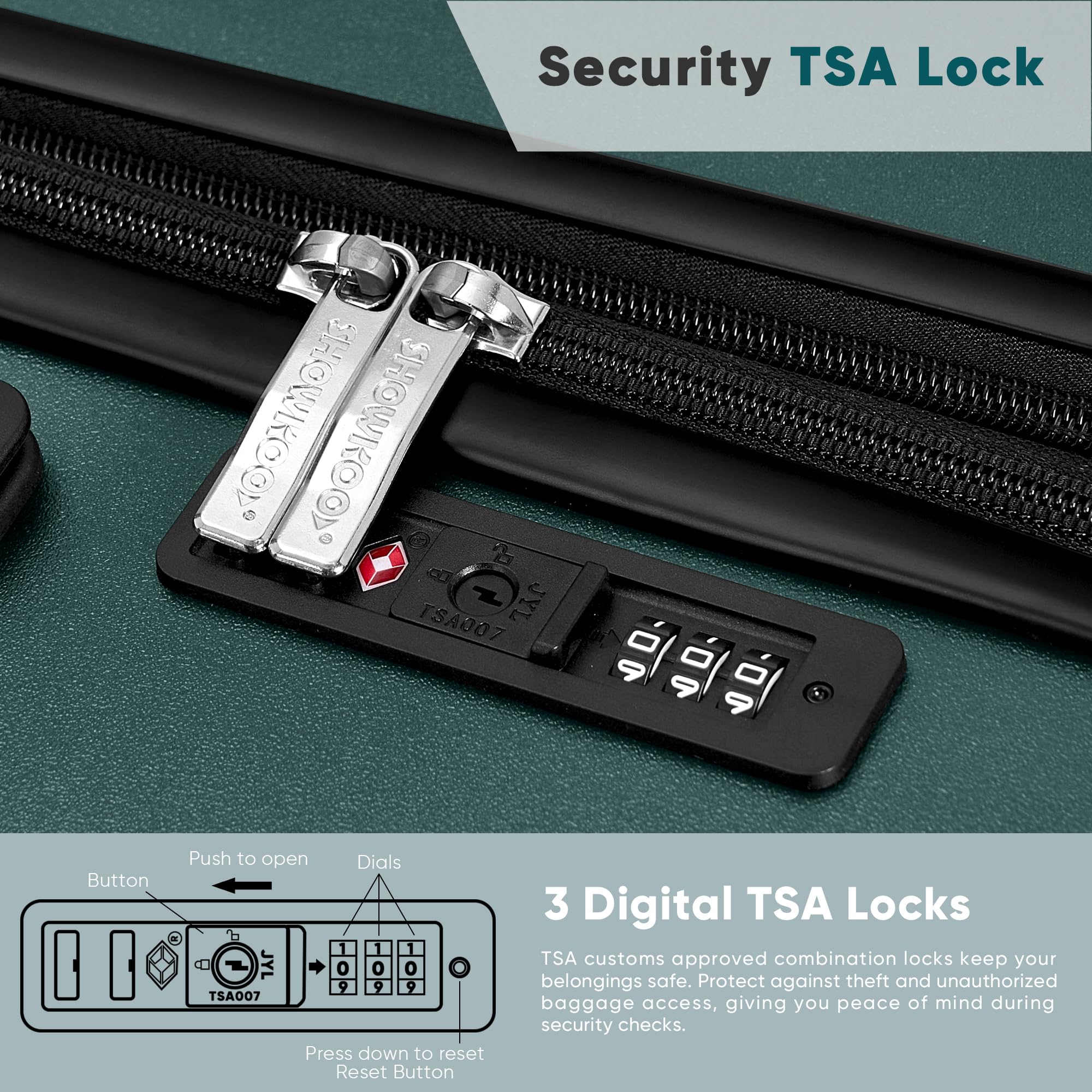 SHOWKOO 3-Piece Hardside Luggage Set - 100% Polycarbonate, Ultra Durable & Expandable Suitcases with TSA Lock, 360° Spinner Wheels (20in, 24in, 28in) - Dark Green | Perfect for International Travel, Family Vacations & Business Trips