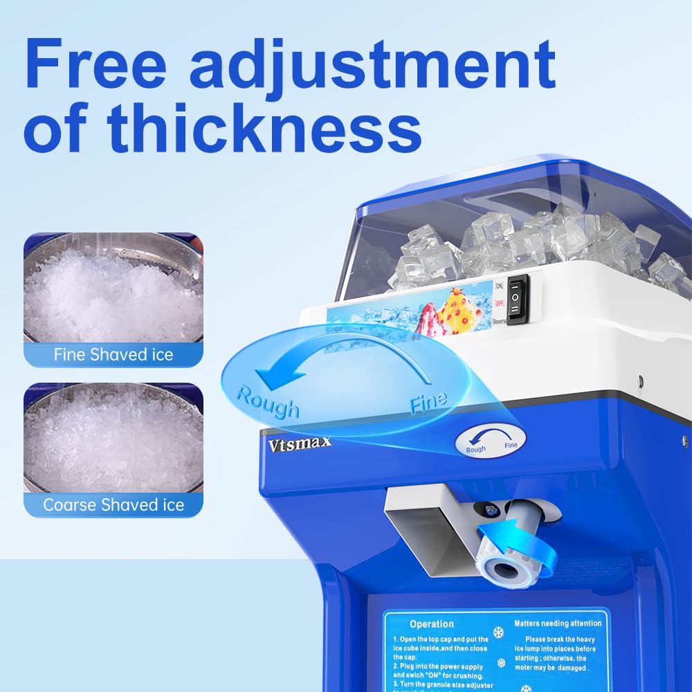 300W Electric Ice Shaver & Snow Cone Maker Machine - Adjustable Thickness, 441Lbs/Hr Commercial Ice Crusher for Bars, Parties, Home Use (Blue) - Perfect for Summer Drinks, Cocktails & Dessert Making