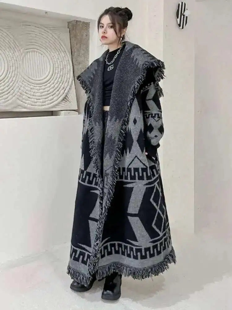 Black Oversized Knit Long Cardigan Sweater for Women - Loose Lapel Long Sleeve Chunky Knitwear - 2025 New Fashion Spring/Autumn Coat (Style 1DH2277) - Perfect for Layering, Office Wear & Casual Outfits