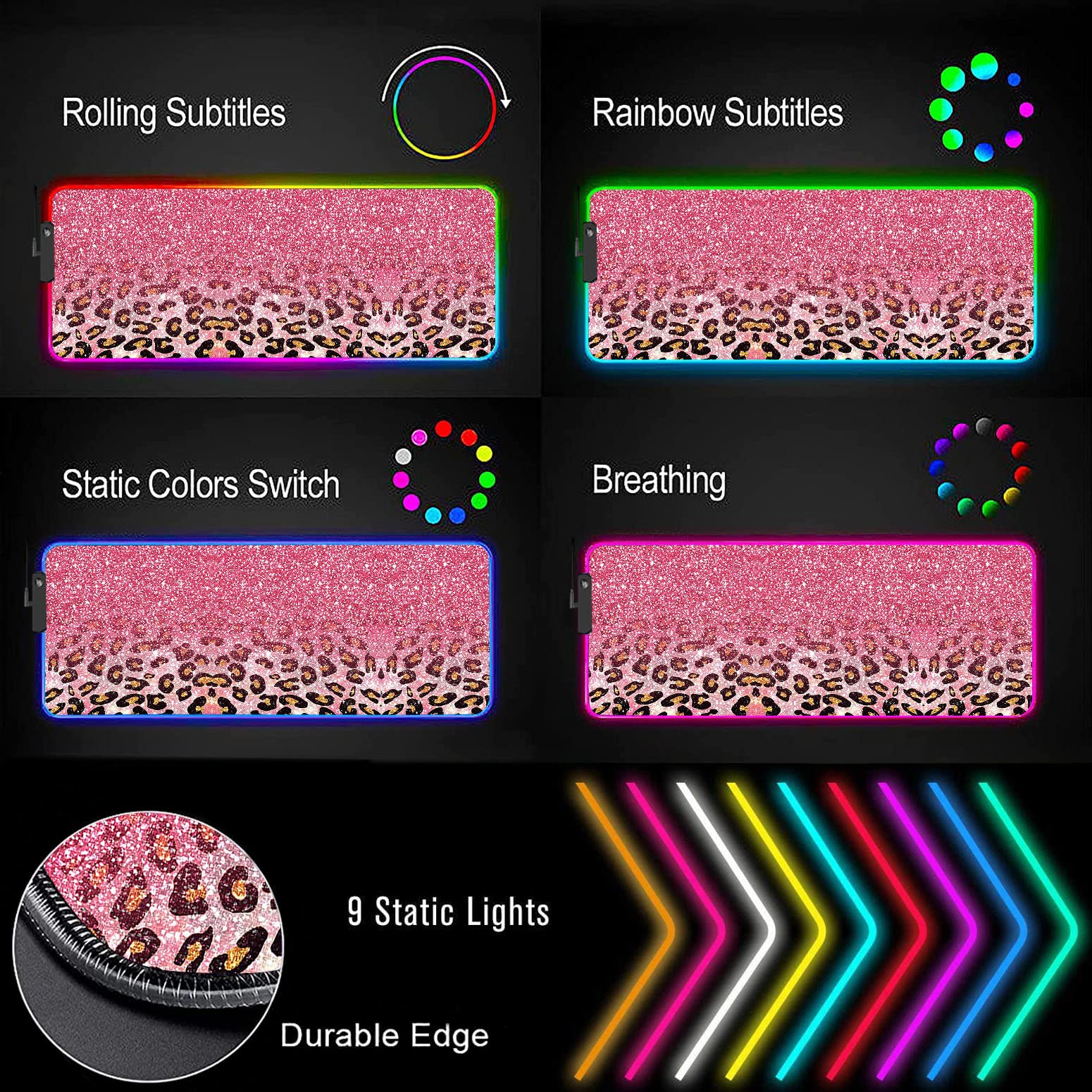 RGB Gaming Mouse Pad with LED Lights - Large Non-Slip Waterproof Desk Mat for Keyboard & Mouse - Pink Glitter Leopard Design - Perfect for PC Gaming, Office Work & Streaming Setup