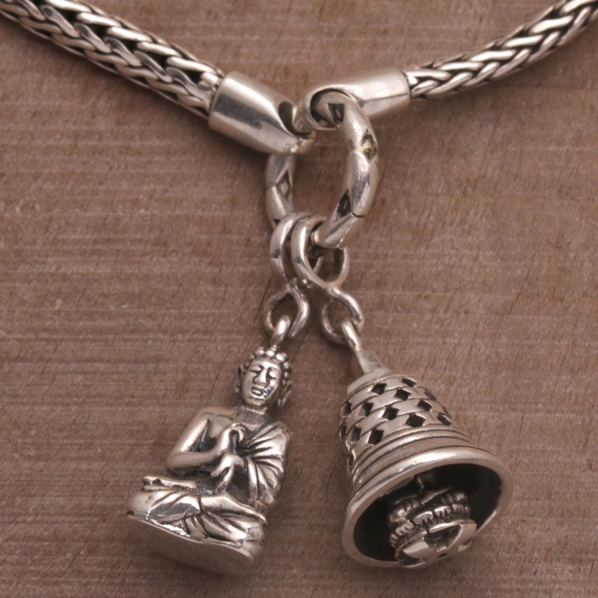 Handmade Sterling Silver Bali Buddha Charm Bracelet - Stupa Bell & Geometric Buddhism Design (1.2