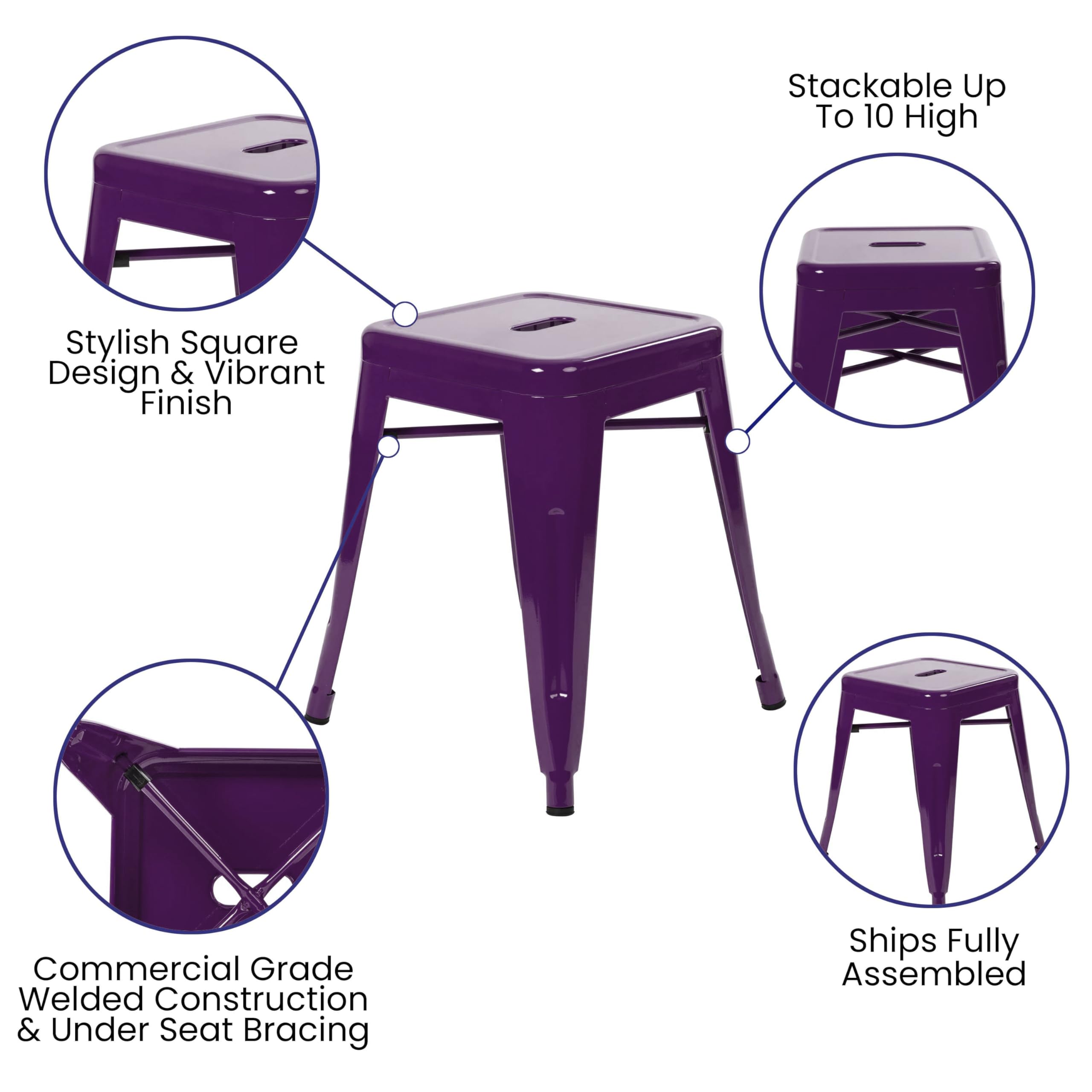 EMMA + OLIVER 18 Inch Stackable Metal Bar Stools - Set of 4 Purple Dining Chairs for Kitchen Island, Breakfast Nook & Small Space Decor | Indoor Counter Height Stools