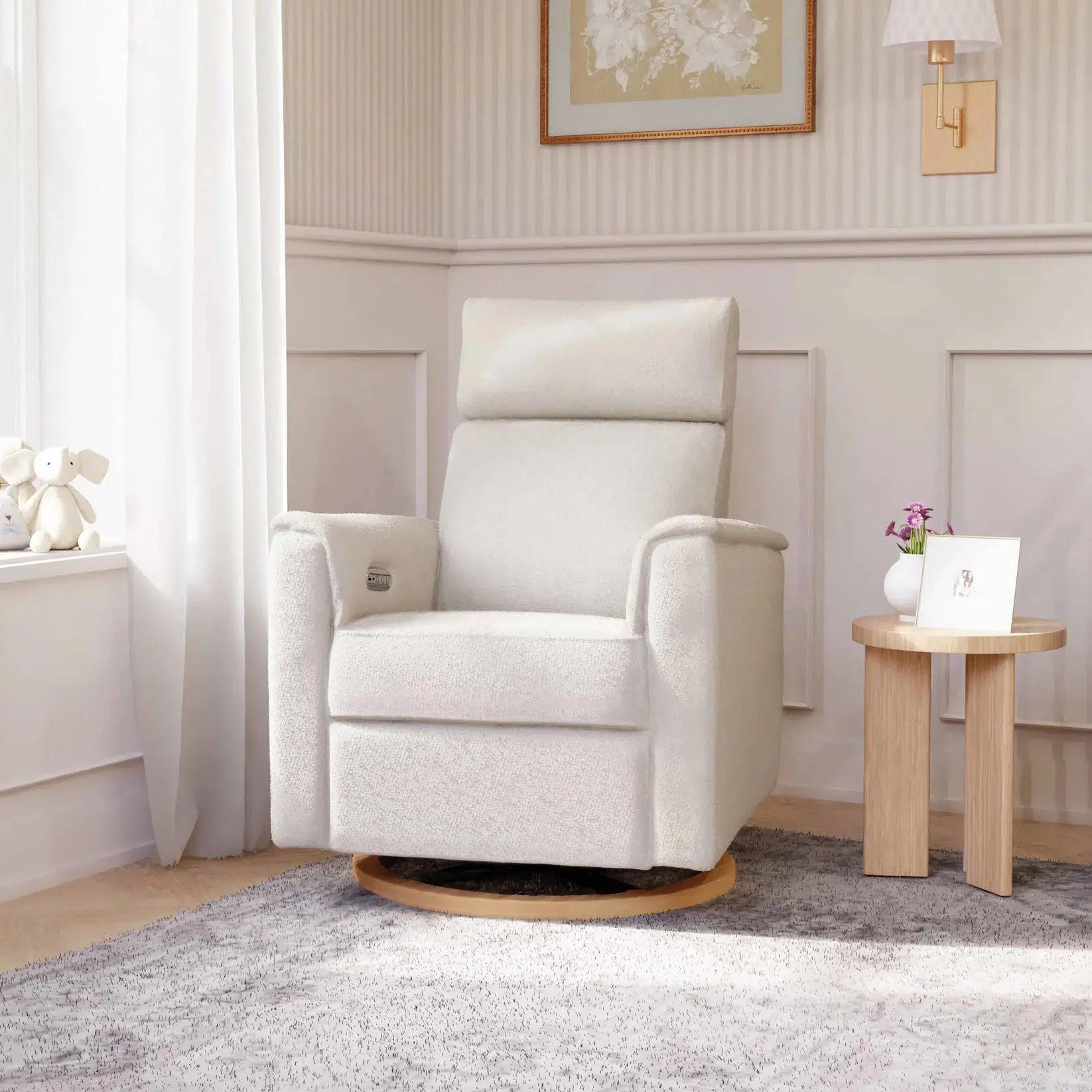 Monogram by Namesake Willa Power Recliner with Adjustable Headrest - Ivory Boucle Fabric & Wood Base (Exclusive) - Perfect for Living Room, Home Theater & Relaxation