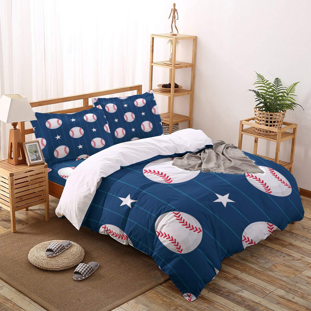 4-Piece Queen Size Duvet Cover Set - Baseball Stars Pattern on Navy Blue Background | Soft Bedding Comforter Cover with 2 Pillowcases & Flat Sheet | Hidden Zipper & Corner Ties | Machine Washable | Perfect for Boys' Bedrooms, Sports Themed Decor, and Cozy Sleep
