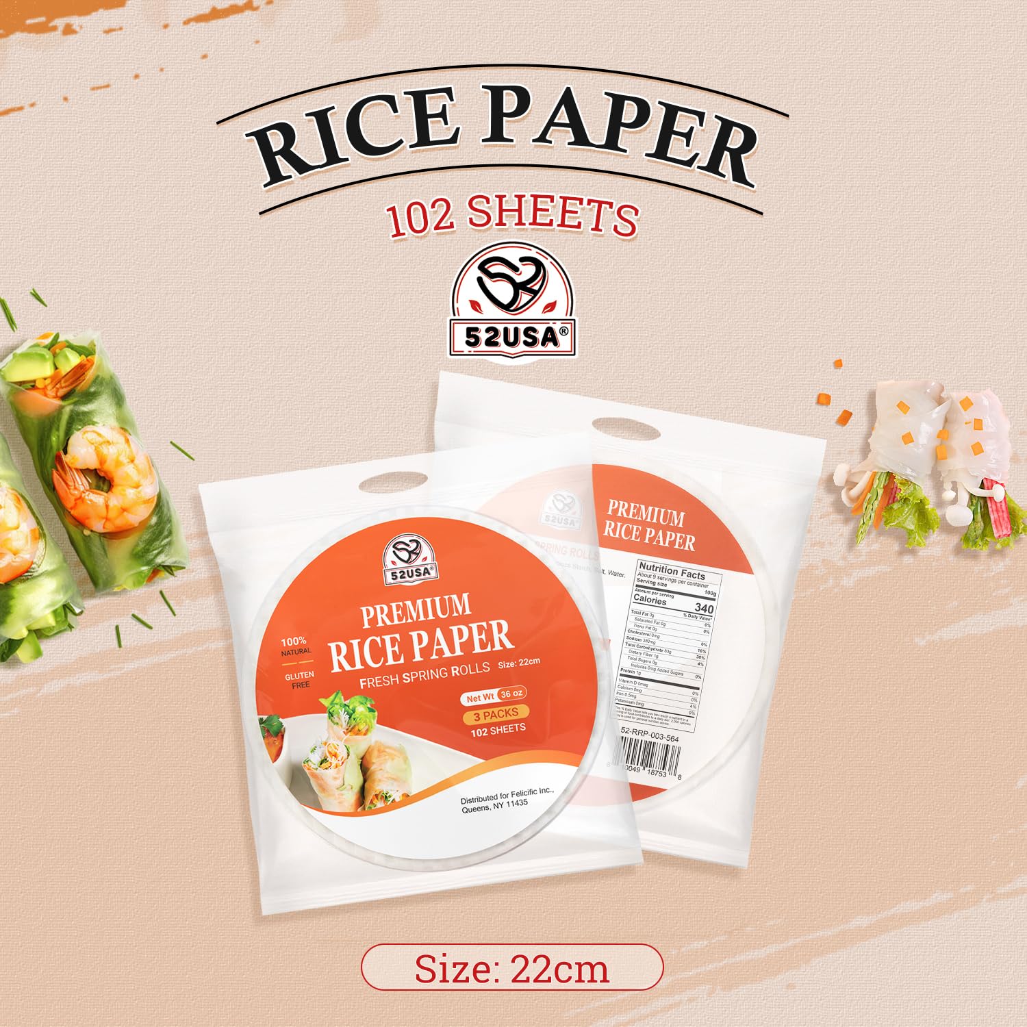 52USA Rice Paper Wrappers - 3 Pack (102 Sheets) | Gluten-Free, Vegan, Low Carb Spring Roll & Dumpling Wraps | 22cm Round Vietnamese Rice Paper for Fresh Rolls, Wontons & Asian Cuisine | Perfect for Home Cooking, Meal Prep & Healthy Snacks
