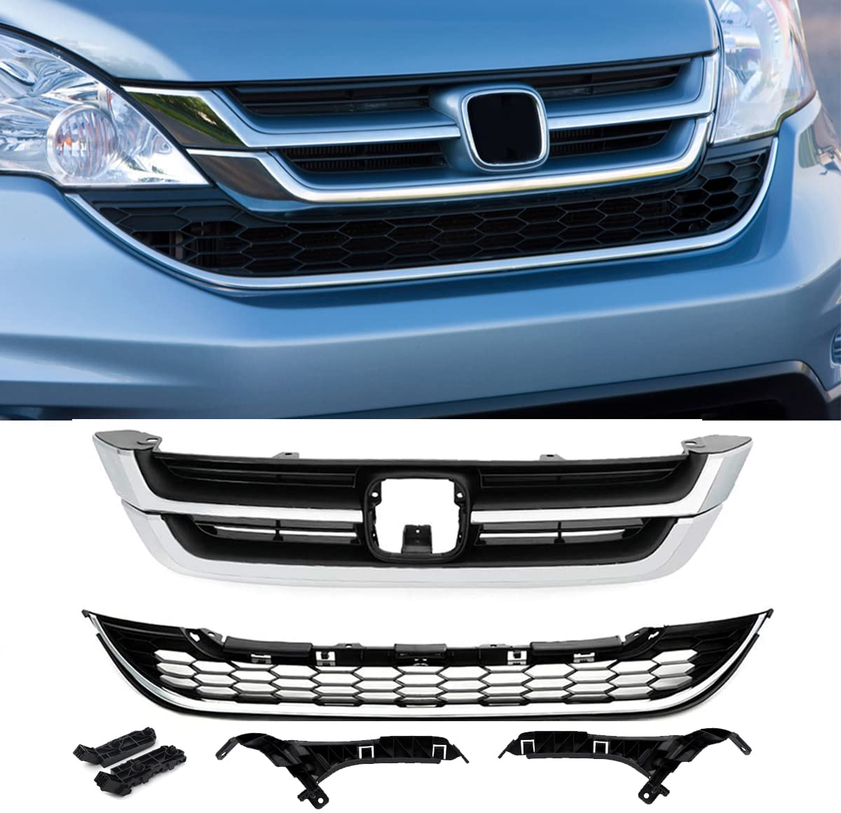 2010-2011 Honda CR-V Front Bumper Grille Assembly - Upper & Lower Grill with Headlight Brackets | Replacement for Damaged Grilles | Perfect for Off-Roading & Car Restoration Projects