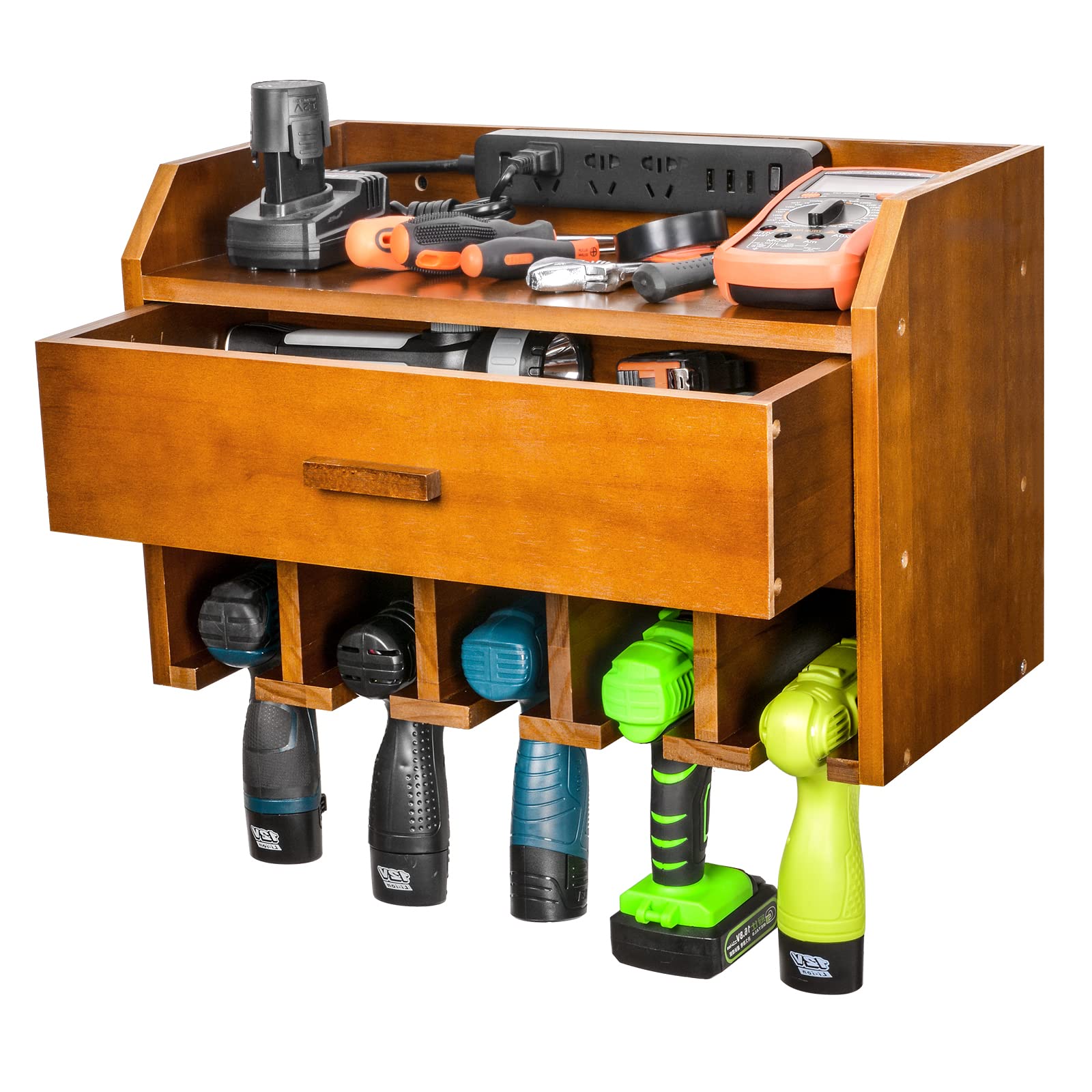 Wooden Drill Holder Rack Wall Mount with Drawer - Garage Tool Organizer for Power Tools & Charging Station (Brown) - Perfect for Workshop & DIY Storage