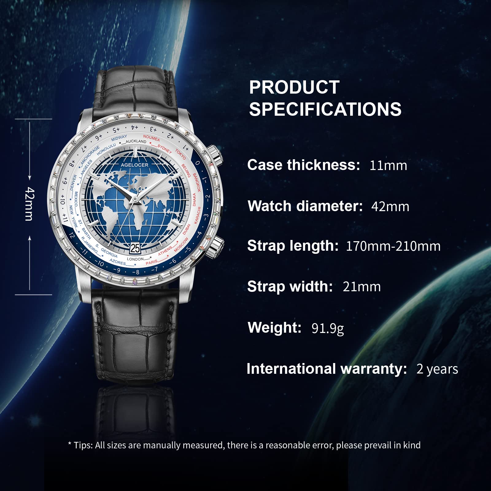 AGELOCER Men's Automatic Mechanical Watch - Blue Planet Design, Sapphire Crystal, Genuine Leather Strap, World Time Function | Perfect for Business, Formal Occasions & Everyday Wear