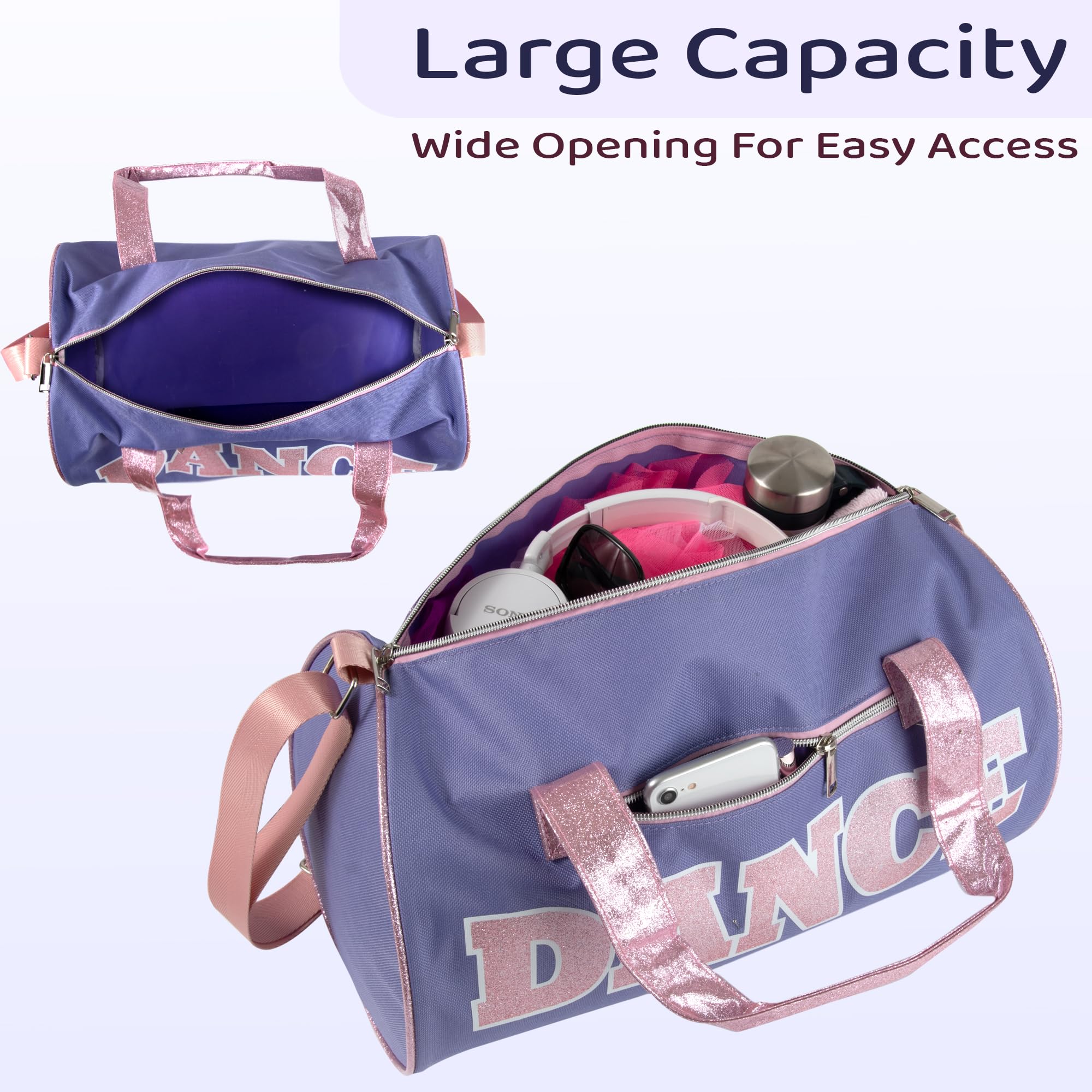 Dance Duffle Bag for Girls & Boys - Waterproof Gym Bag with Shoe Compartment | Perfect for Dance Class, Sports Practice & Travel | Purple & Pink Workout Duffel for Teens & Student Athletes