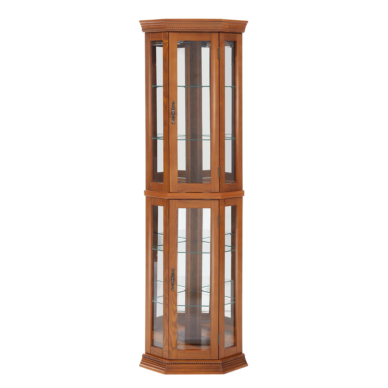 Yayzy Oak Wooden Corner Display Curio Cabinet with 6 Shelves & Tempered Glass Door - Curved Shelving Unit with Built-in Bar & Liquor Storage - Perfect for Living Room, Dining Room or Home Office Decor
