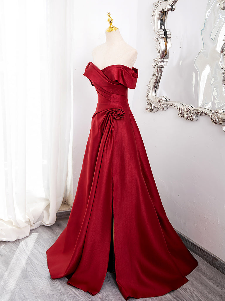 Elegant A-Line Off-Shoulder Satin Burgundy Long Prom Dress - Formal Evening Gown for Homecoming, Ball, Wedding & Special Occasions