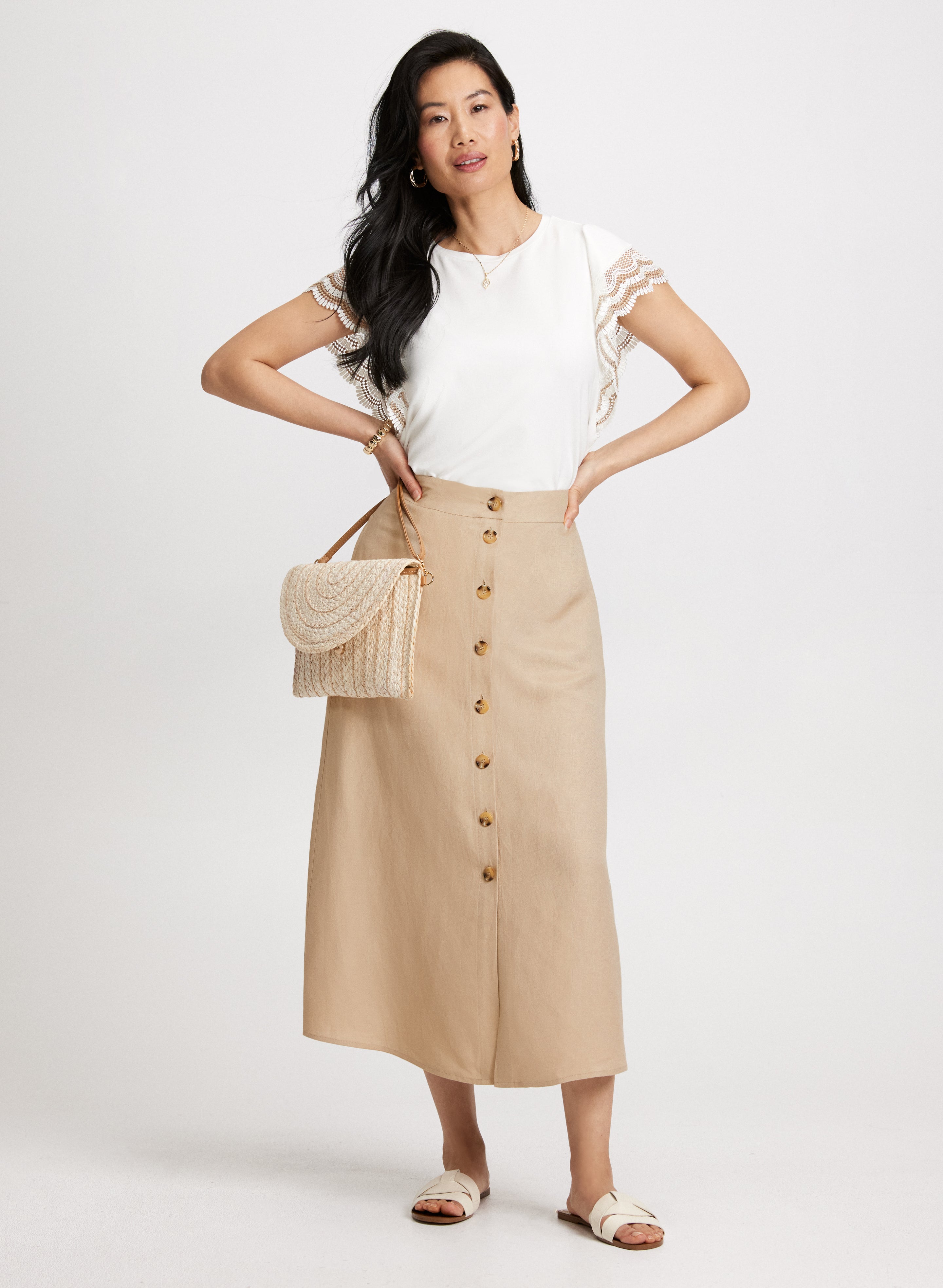 Crochet Trim T-Shirt & Button Down Skirt Set - Women's Boho Chic Outfit for Summer, Beach, and Casual Wear