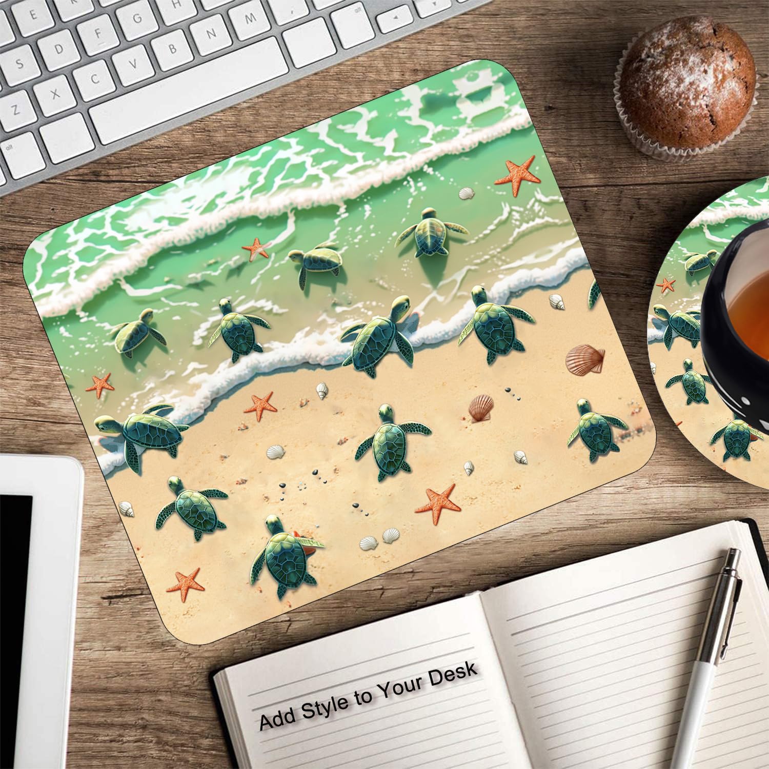 Non-Slip Gaming Mouse Pad & Coasters Set - Blue Ocean Painting Art with Sea Turtles & Starfish Design, Large Rectangle Rubber Mouse Mat for Work & PC Gaming | Perfect for Office, Home & Esports Setup