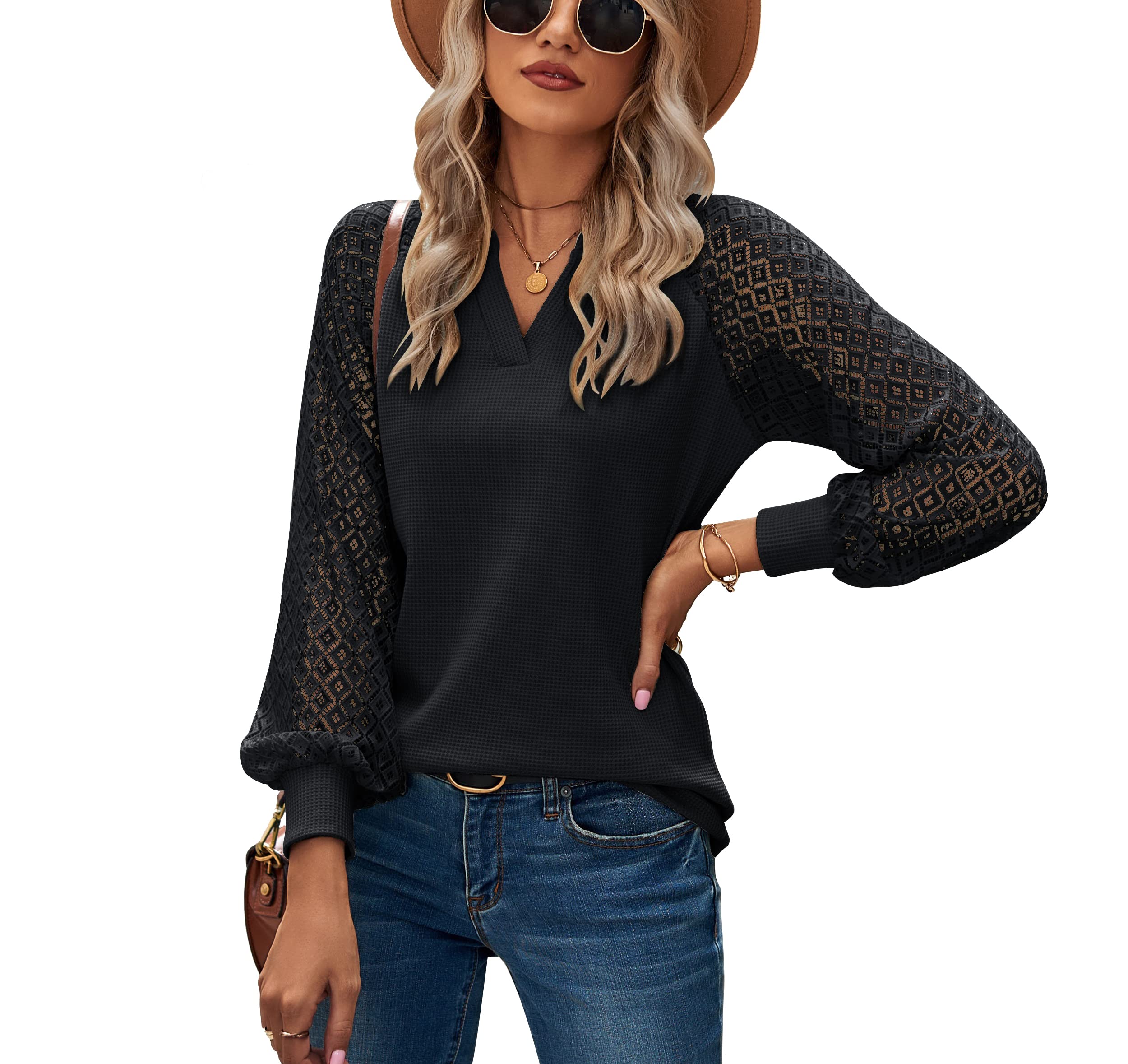 Women's Long Sleeve Lace Blouse - V Neck Waffle Knit Tunic Top with Henley Style for Casual Spring Outfits | Perfect for Office Wear, Date Nights & Weekend Brunch