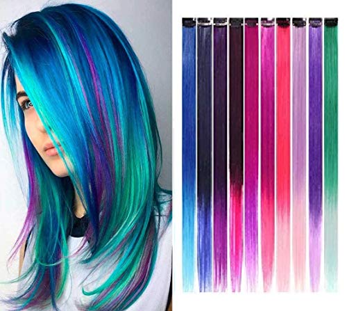 Ash & Roh 10-Piece Colorful Ombre Clip-In Hair Extensions - 22 Inch Synthetic Double Shaded Bangs for Women & Girls | Perfect for Cosplay, Parties & Daily Styling