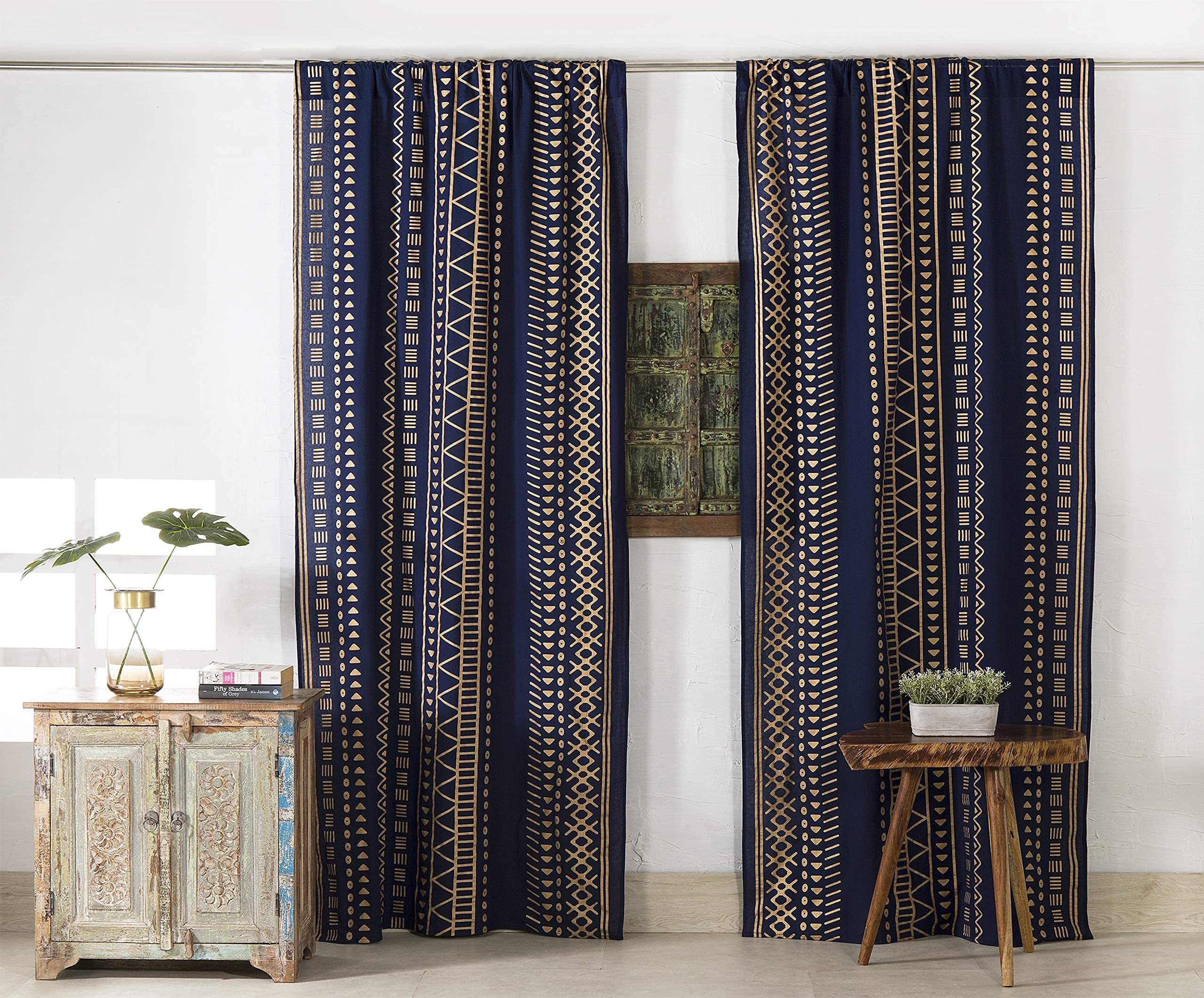 Bohemian Geometric Printed Sheer Curtains for Windows & Doors - Blue Hippie Handmade Indian Drapery Panels for Bedroom, Living Room & Balcony Valance | Perfect for Boho Home Decor & Sunlight Filtering