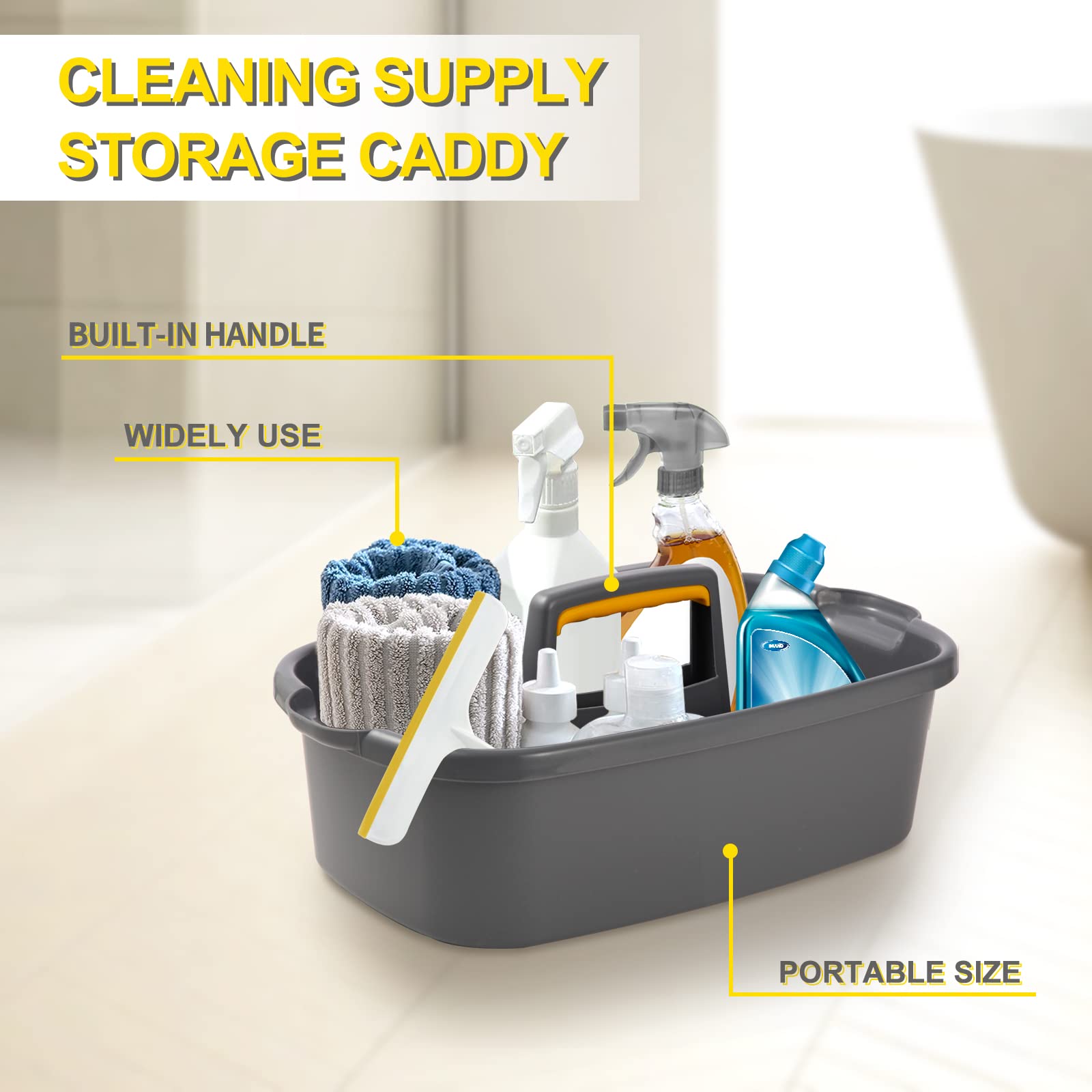 Plastic Cleaning Caddy Organizer with Handle - 2 Pack Storage Basket for Bathroom, Kitchen & Under Sink - Includes 2 Microfiber Cleaning Cloths (Gray) - Perfect for Home Cleaning Supplies Organization