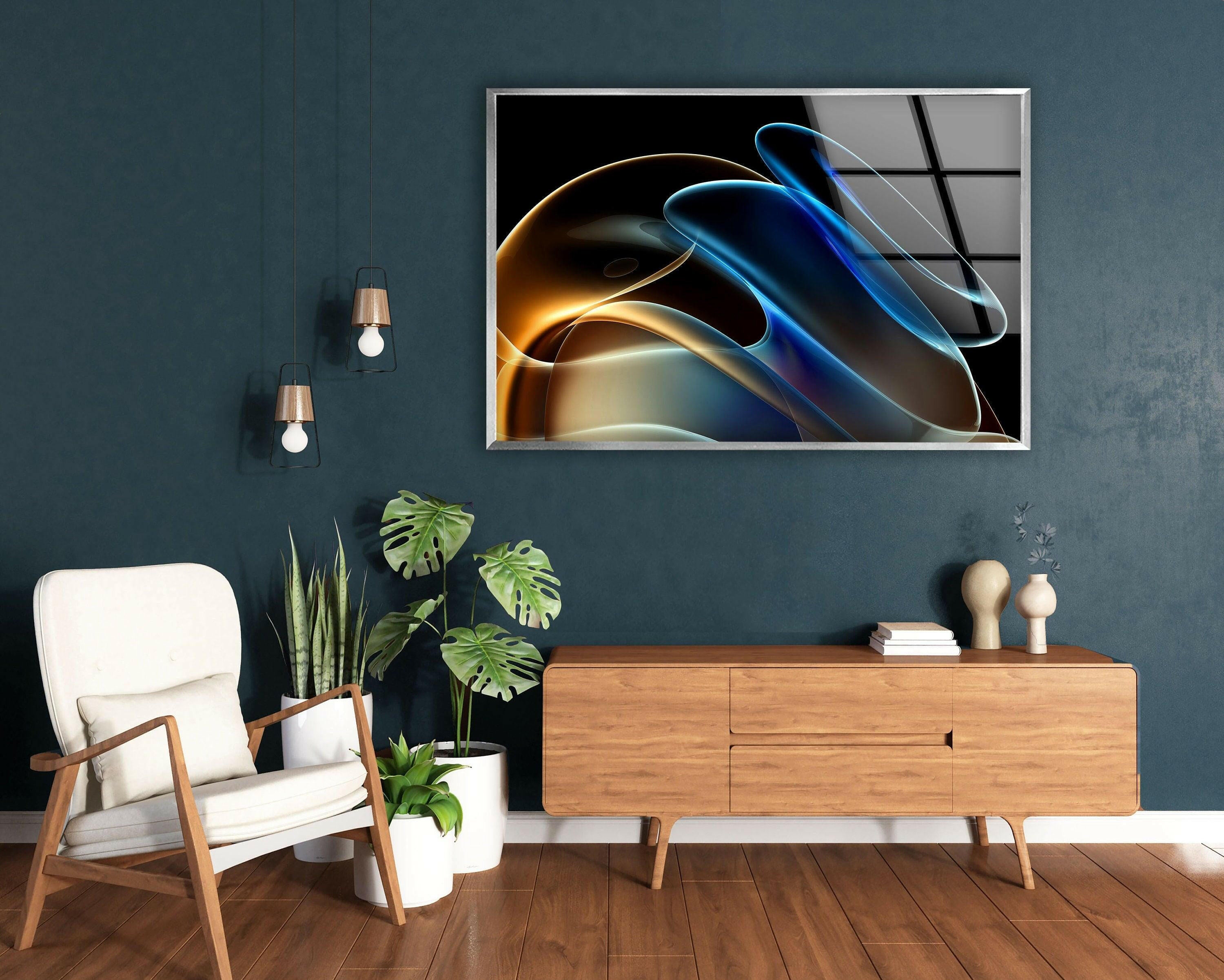 Blue Neon Wave Abstract Glass Wall Art - Modern Home Decor for Living Room, Bedroom & Office - Unique Handmade Glass Painting for Stylish Interior Design