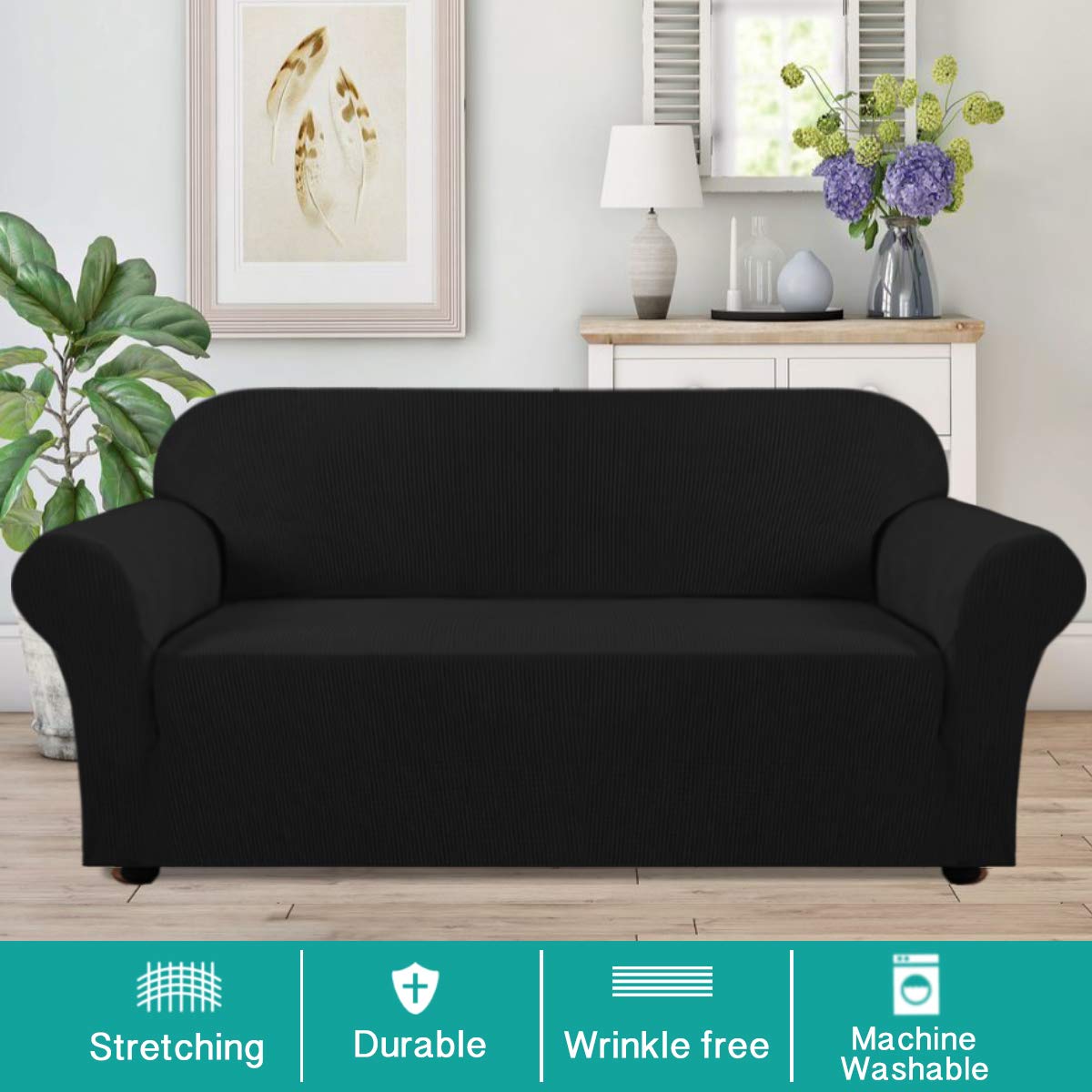 Turquoise Jacquard Stretch Sofa Slipcover - 1 Piece Elastic Couch Cover for 3-Cushion Sofas, Pet-Friendly Furniture Protector with Secure Fit - Perfect for Living Room, Family Room & Home Decor (Black)