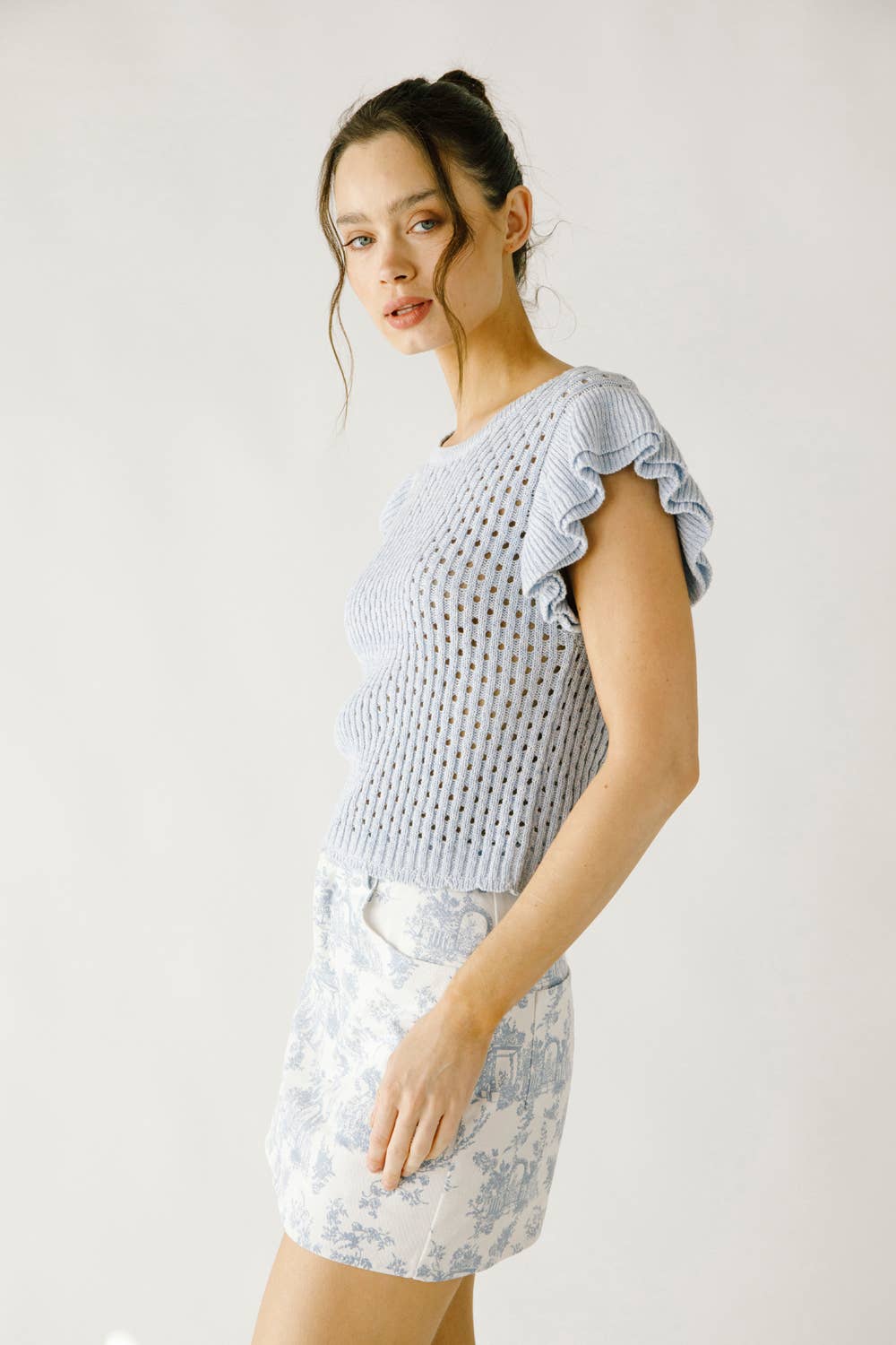 Blue Skies Lasercut Knit Top - Women's Trendy Lace Cutout Blouse for Casual Wear & Date Night Outfits