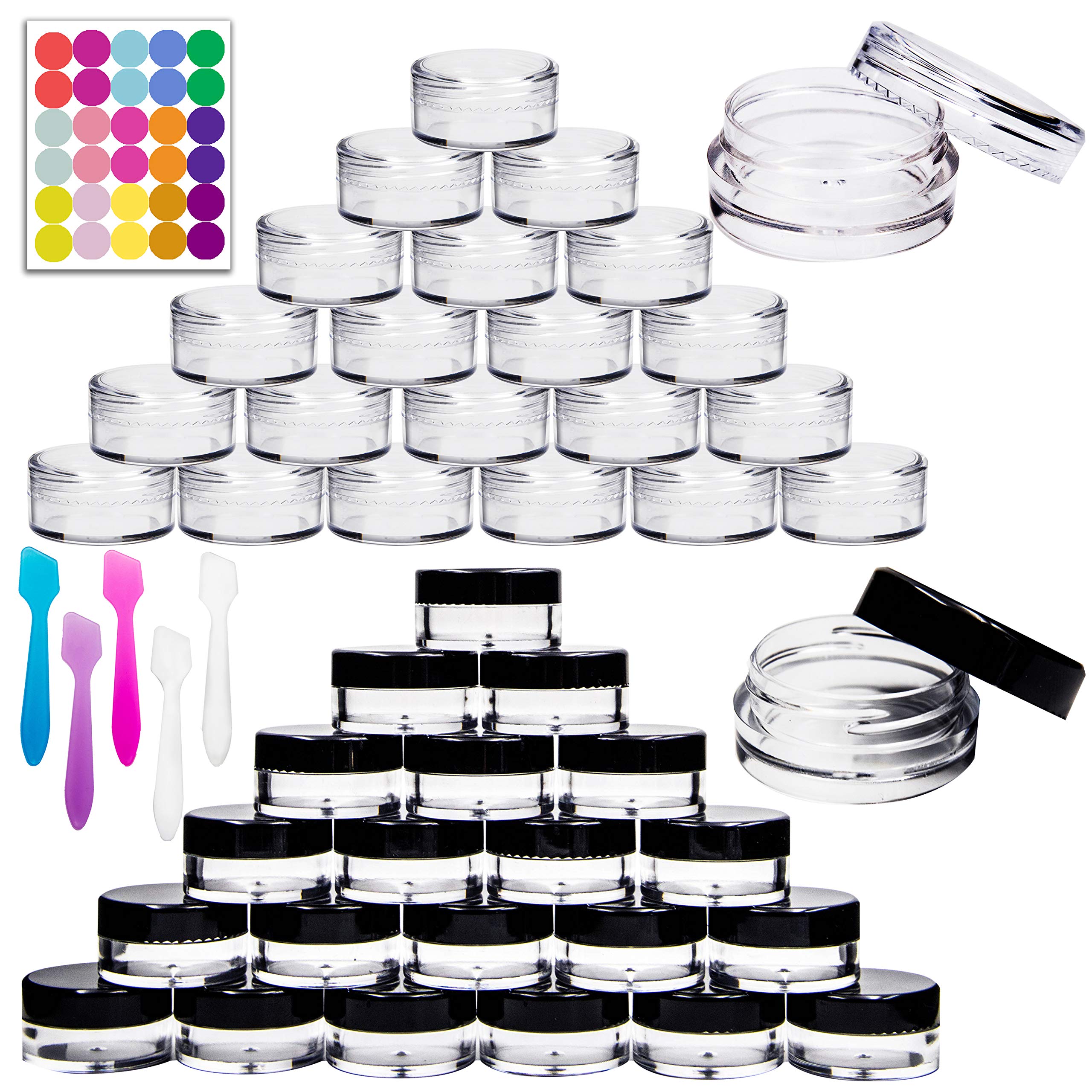 Youngever 140-Piece Empty Plastic Cosmetic Sample Kit - 80x 5g Jars (40 White/40 Black), 60x 3g Jars (30 White/30 Black), 5 Mini Spatulas & Labels - Perfect for DIY Beauty Products, Travel Containers & Skincare Samples