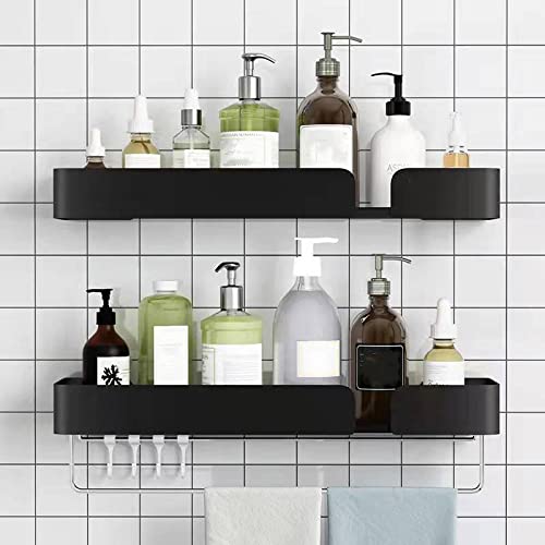 PUERCVE White Adhesive Wall Shelves - No Drill Hanging Storage Shelves for Bathroom, Kitchen, Bedroom - 11.8 Inch Wall Mounted Display Ledge - 2 Pack (Black) - Perfect for Organizing Toiletries, Spices, and Decor