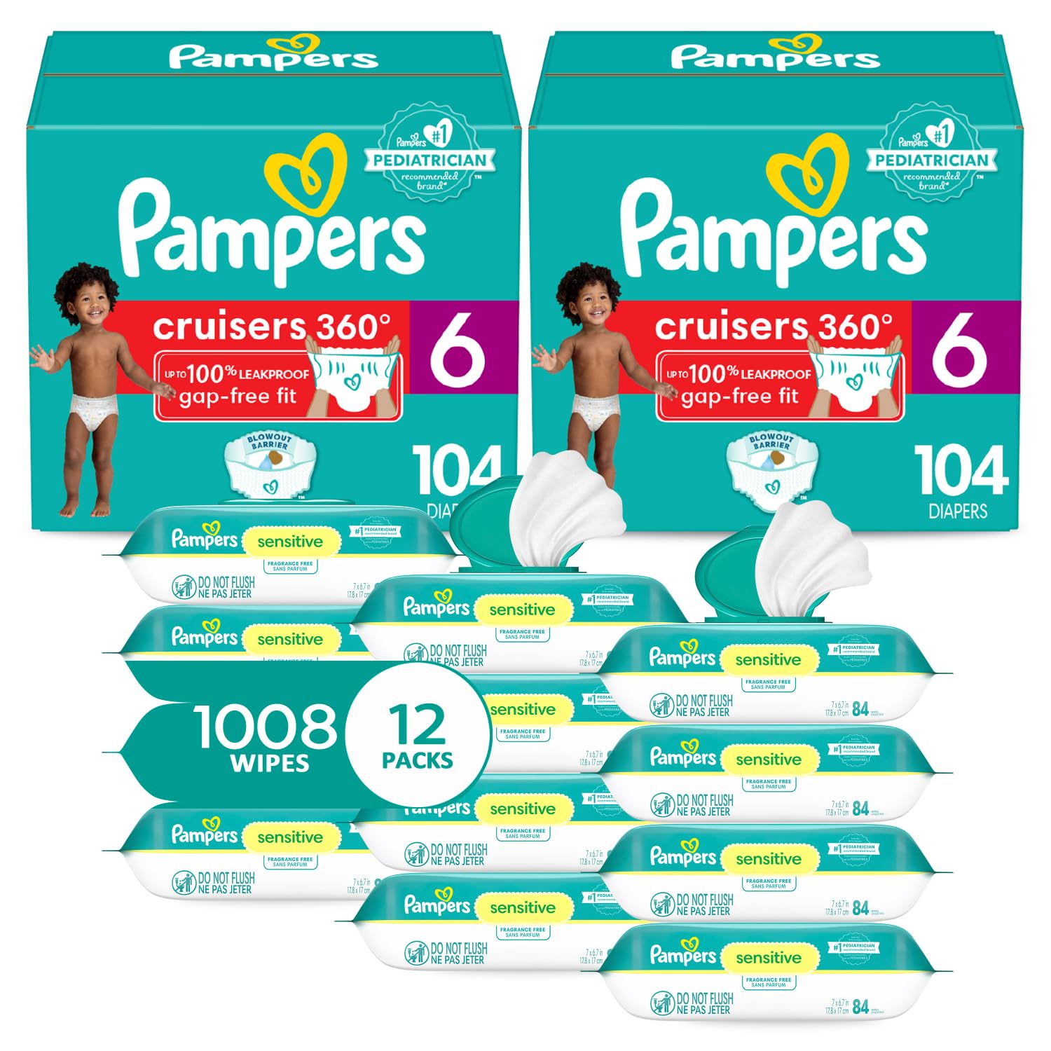 Pampers Pull-On Cruisers 360° Fit Disposable Baby Diapers - Size 6 (2 x 104 Count) | 2 Months Supply | Hypoallergenic Sensitive Water-Based Baby Wipes 12X Multi-Pack (1008 Count) | Perfect for Overnight Protection, Active Toddlers & Daycare Use