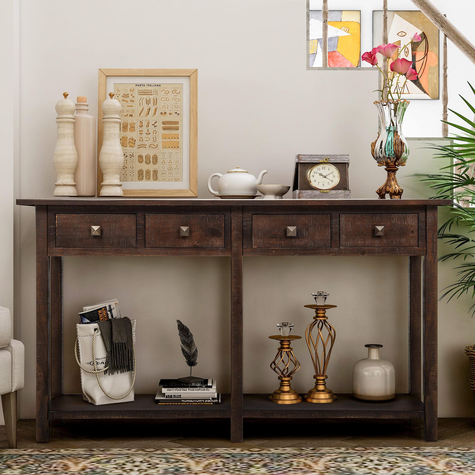 Rustic Brushed Texture Accent Console Table with Storage Drawers & Bottom Shelf - Entryway, Living Room, Hallway Furniture for Home Decor | Expresso Finish, Long Narrow Sofa Table for Foyer & Bedroom