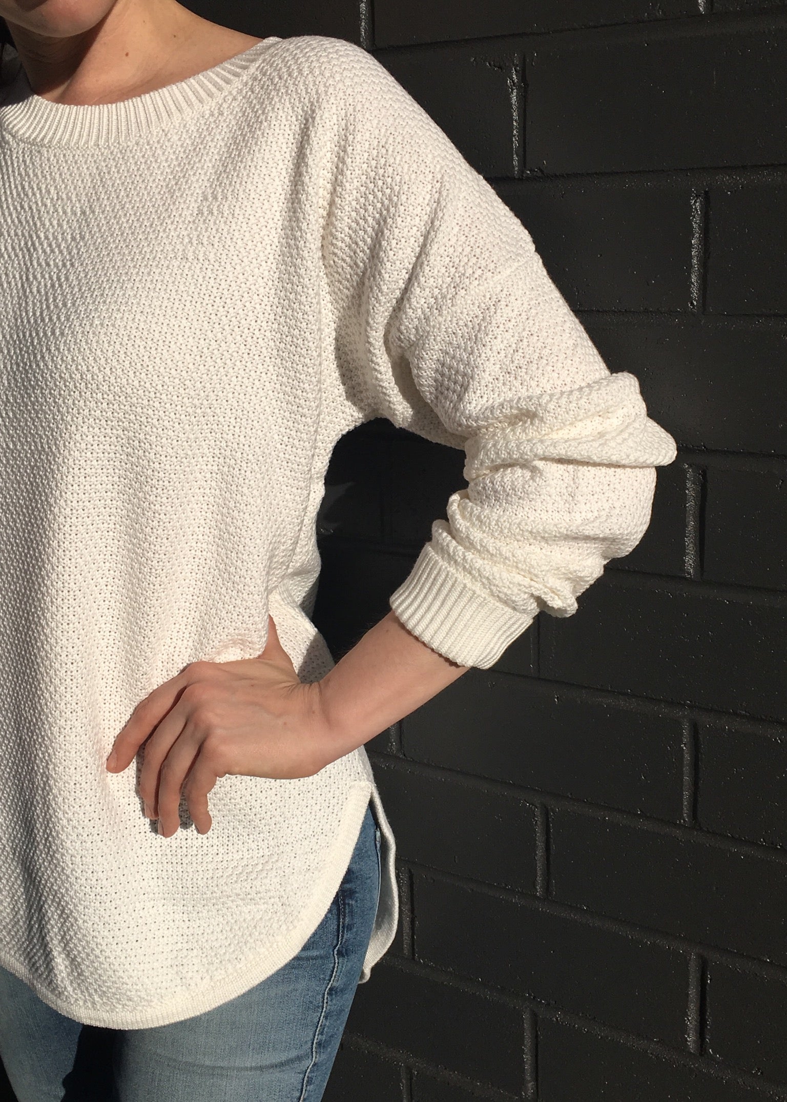 Cozy Winter White Zip Back Cotton Knit Jumper - Women's Casual Pullover Sweater for Fall & Winter Fashion, Office Wear & Weekend Outfits