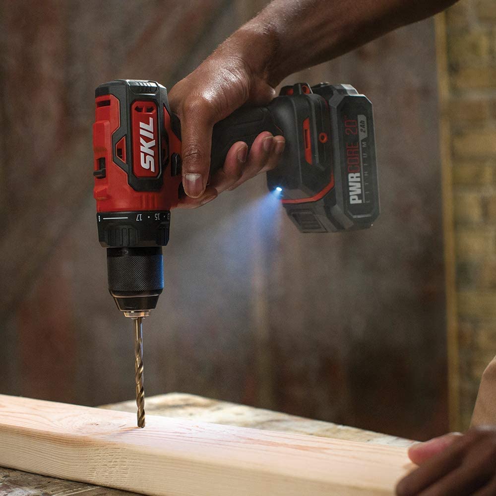 SKIL PWR CORE 20 Brushless 20V Cordless Drill Driver & Impact Driver Combo Kit with 2.0Ah Lithium Battery & PWR JUMP Charger (CB743701, Red) - Perfect for DIY Projects, Home Repairs & Professional Construction Work