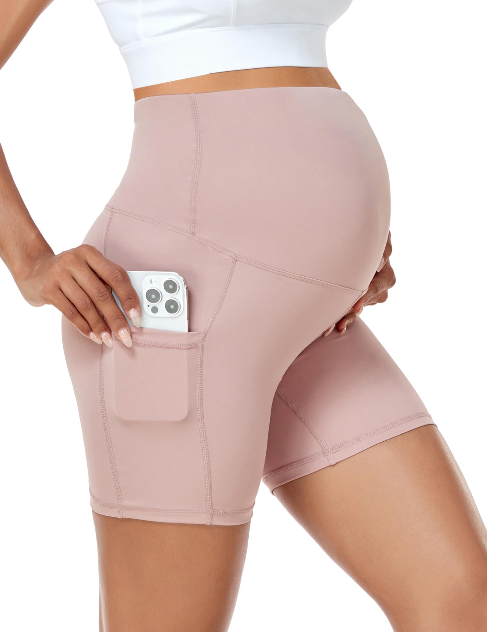 HOFISH Maternity Shorts for Women - Over The Belly Pregnancy Bike Shorts, Workout Active Running Short Pants with Pockets - Perfect for Yoga, Gym & Everyday Comfort