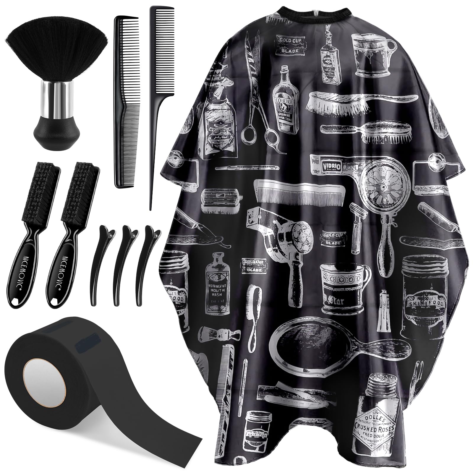 Professional 10-in-1 Hair Cutting Barber Cape Set with Neck Duster Brush, Barber Brush, Neck Strips, Combs & Clips - Salon Styling Tools & Haircut Accessories for Home & Professional Use