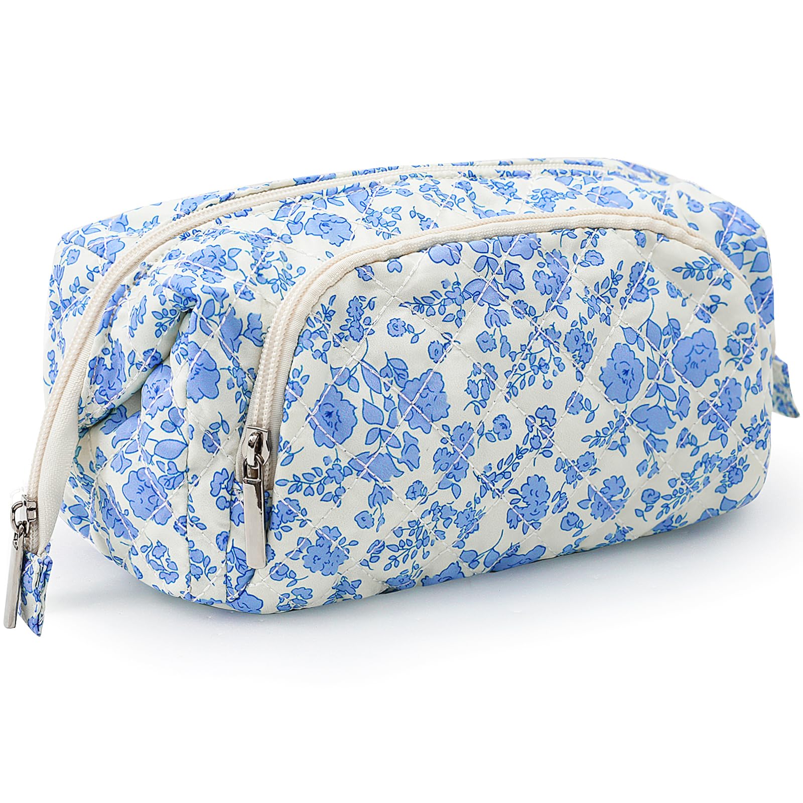 Quilted Floral Makeup Bag for Women & Teens - Travel Cosmetic Organizer, Wide-Open Toiletry Pouch - Perfect for Daily Use, Weekend Getaways & Gift Giving