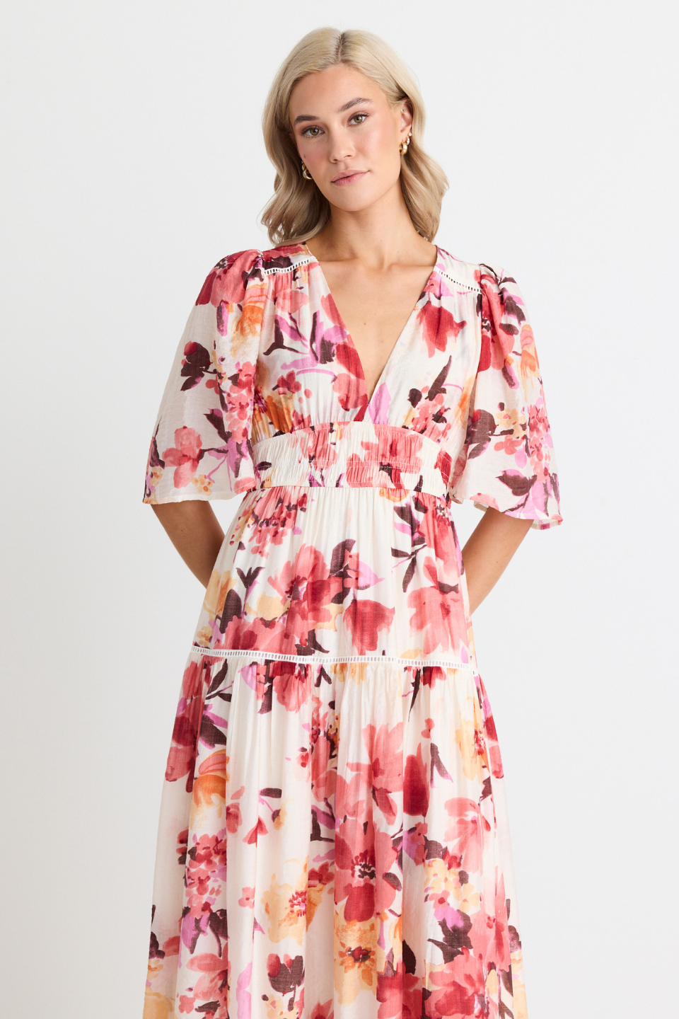 Vintage Floral Flutter Sleeve Tiered Maxi Dress in Blush - Elegant Boho Summer Dress for Beach Wedding, Garden Party & Vacation Outfits