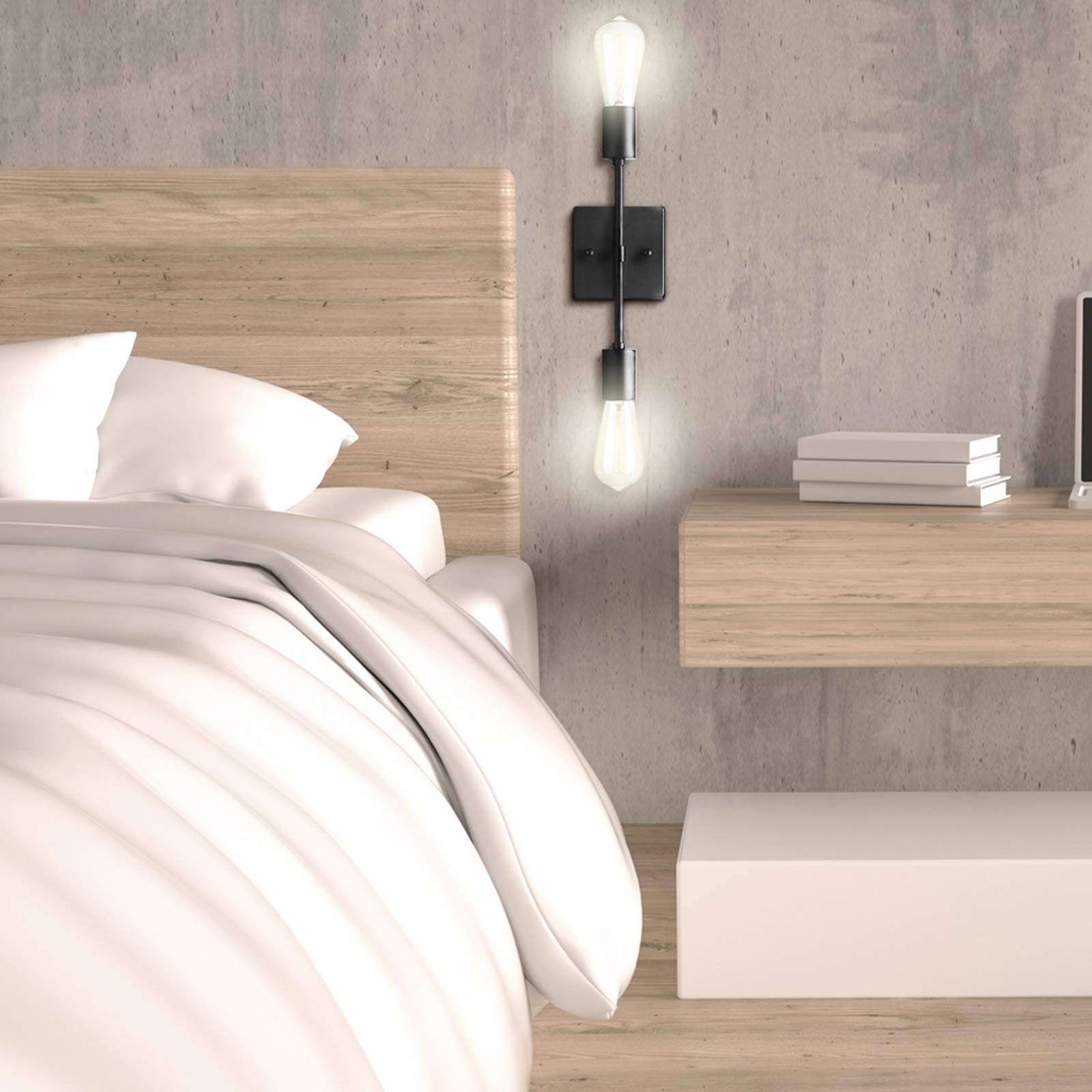 Modern Industrial Wall Sconce - 2-Light Black Wall Lamp with E26 Bulb Sockets - Vintage Style Lighting Fixture for Living Room, Bedroom, or Hallway