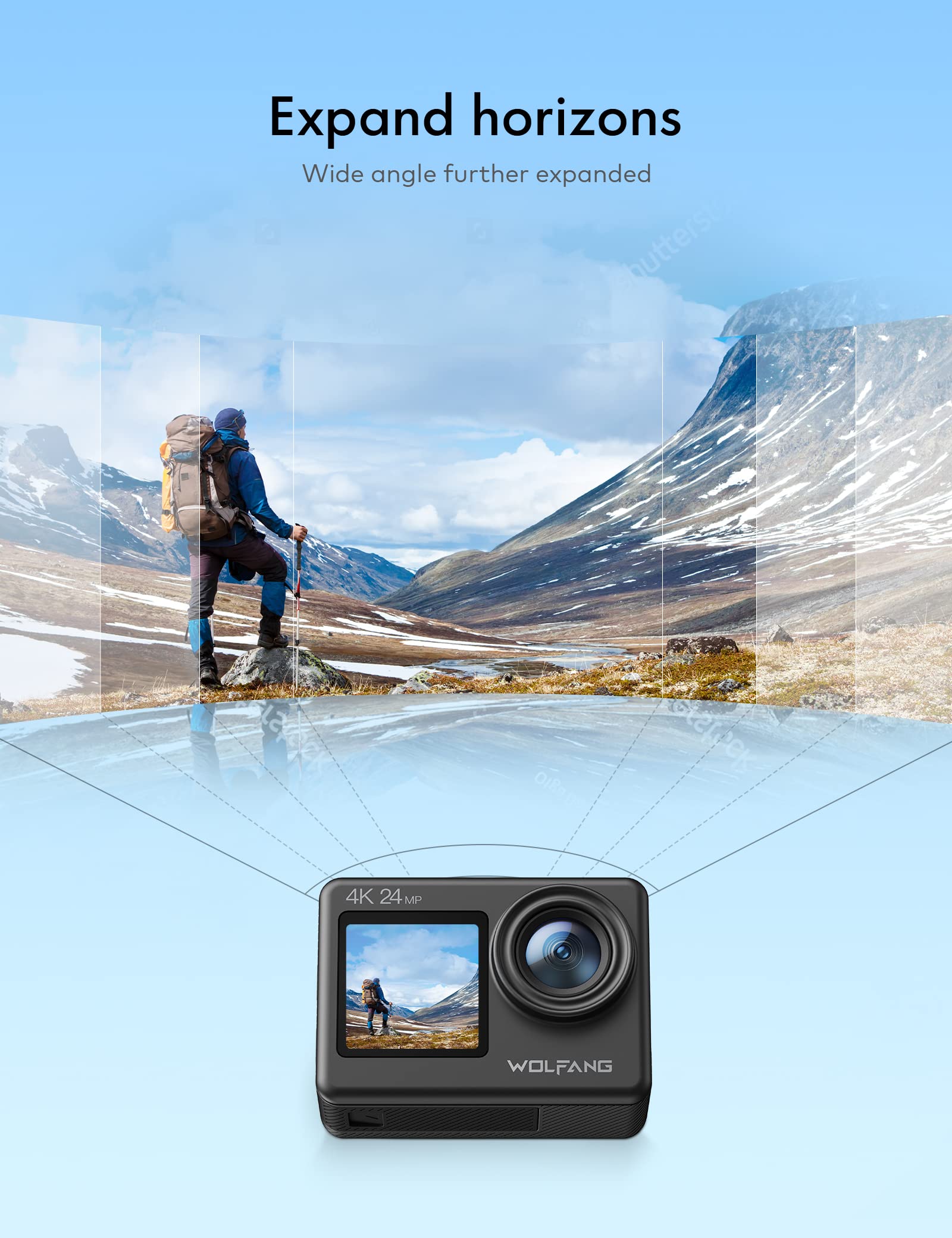 WOLFANG GA200 4K Dual Screen Sports Camera - 24MP Wide Angle WiFi Waterproof Action Camera with EIS Stabilization, Touch Screen, Remote Control & Accessories (2 Batteries, Charger, Microphone) - Perfect for Vlogging, Underwater Adventures, Motorcycle Riding & Extreme Sports Recording