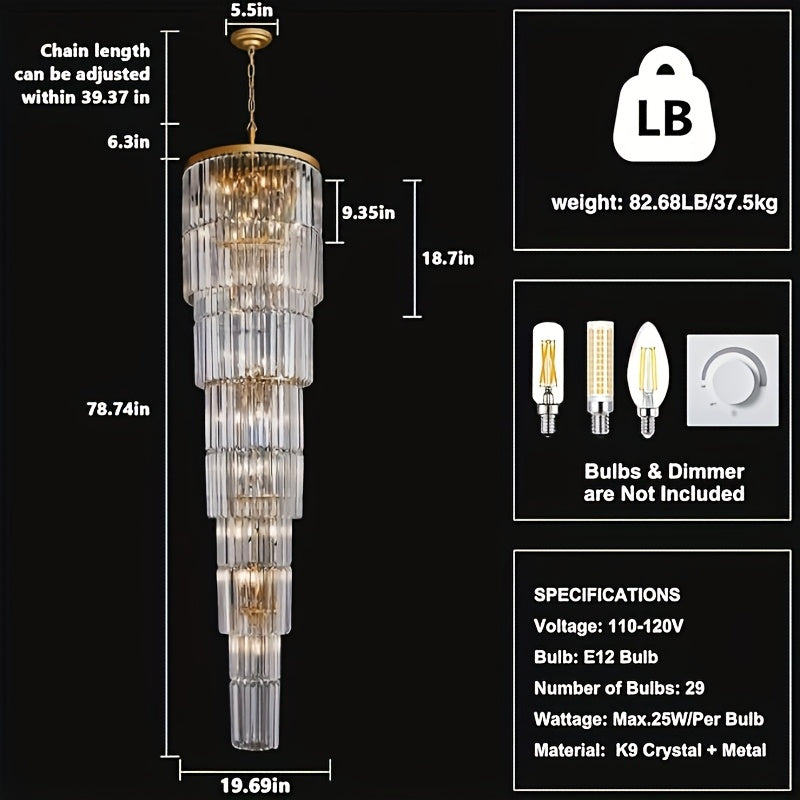 Oly Crystal Staircase Chandelier - Elegant Modern Lighting Fixture for Foyer, Stairwell & Grand Entryway | Dimmable LED Chandelier for Home & Hotel Decor
