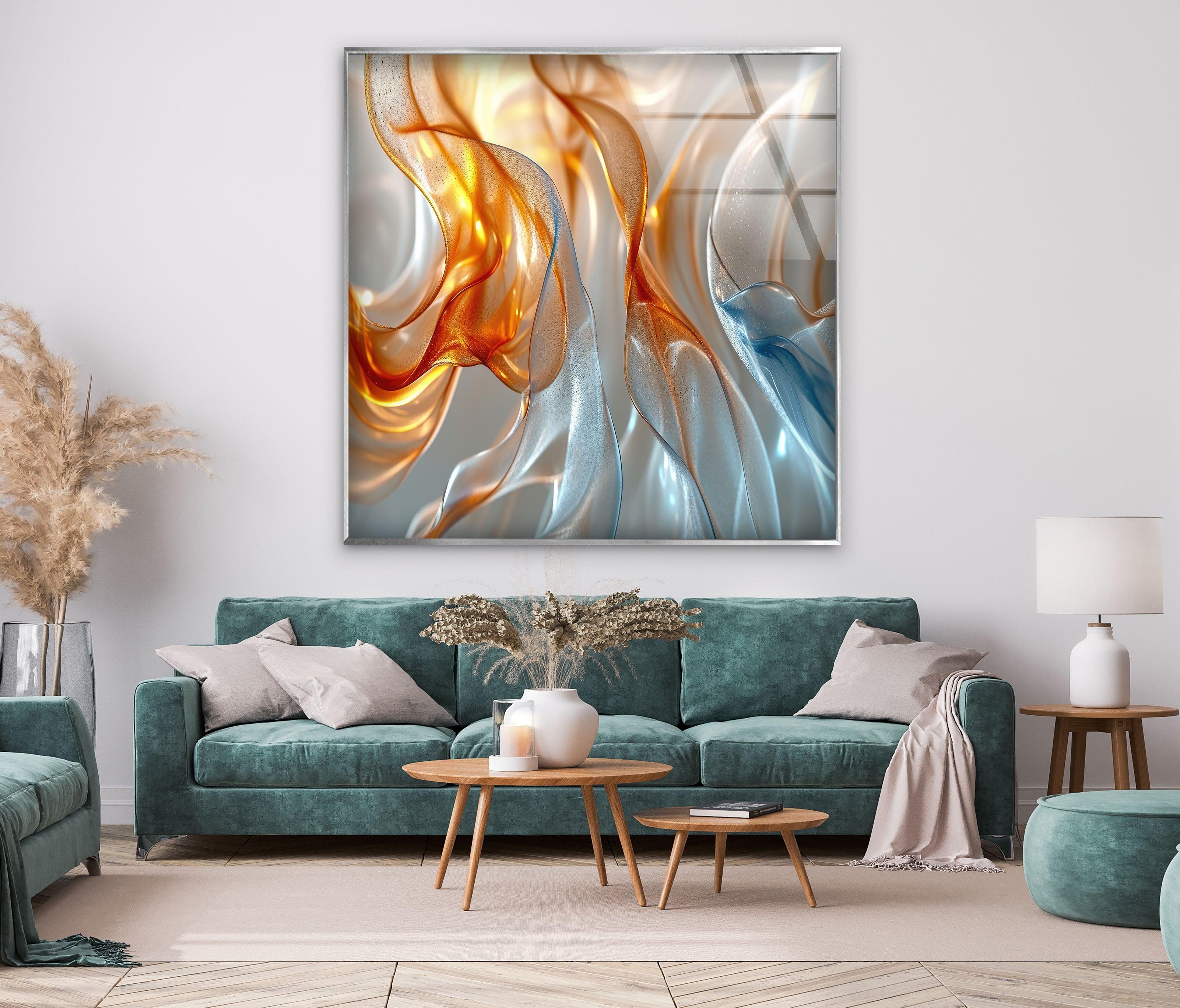 Blue and Orange Abstract Glass Wall Art - Modern Handmade Decor for Living Room, Bedroom & Office - Unique Gift Idea for Home & Interior Design
