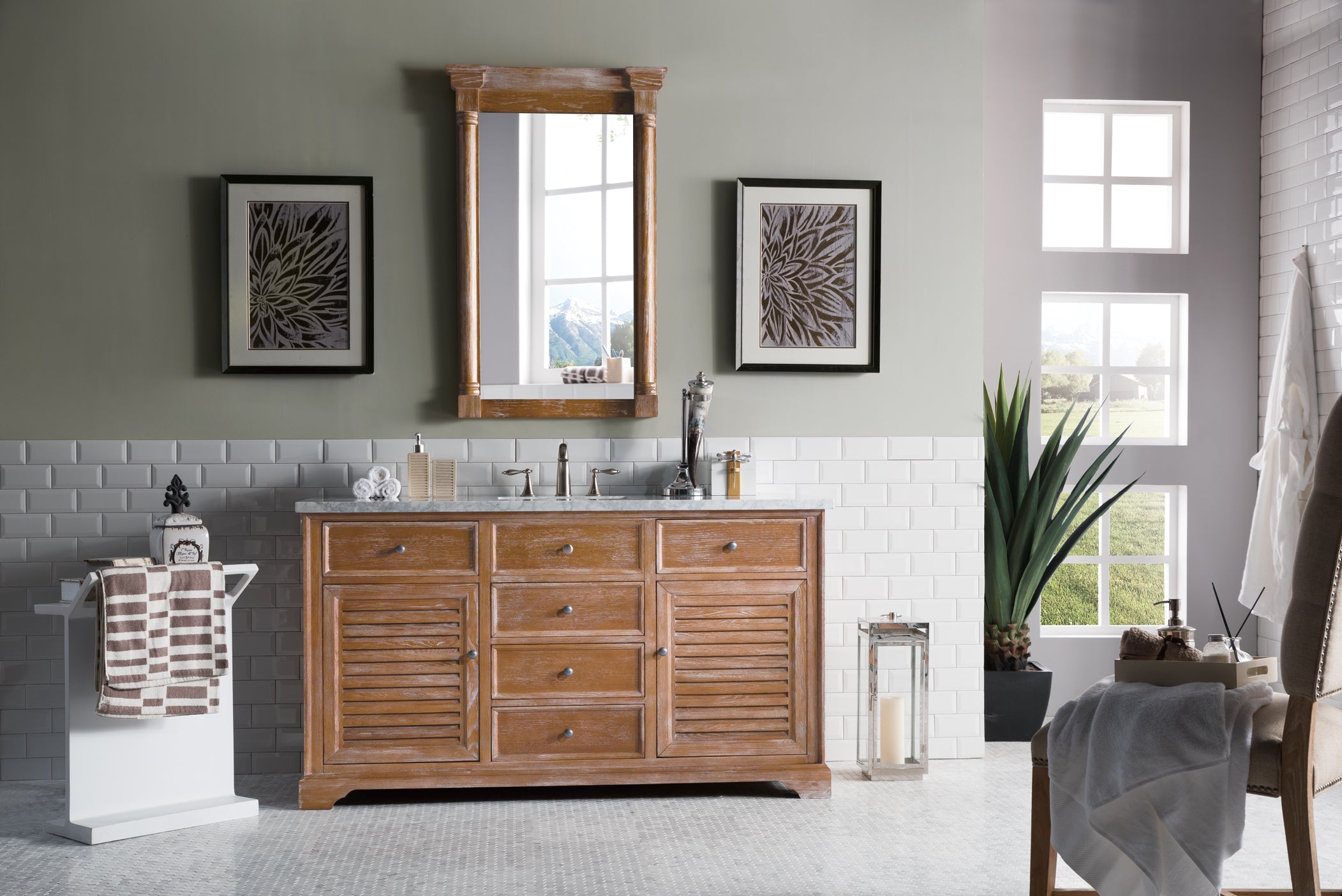 Savannah 60 Inch Driftwood Bathroom Vanity with 3CM Carrara Marble Countertop - Modern Single Sink Vanity for Master Bathroom & Powder Room Remodel
