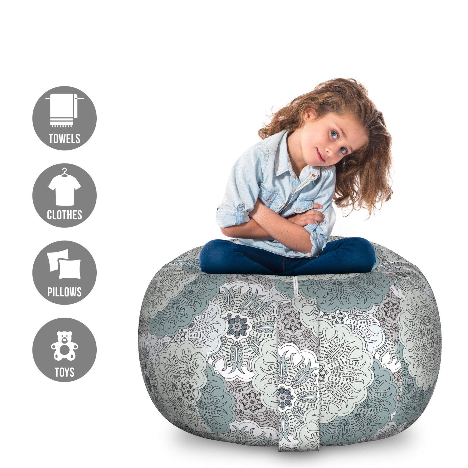 Ambesonne Grey Toy Storage Bag Chair – Large Washable Stuffed Animal Organizer with Eastern Mandala Tile Art Design | Perfect for Kids' Room, Playroom & Home Organization