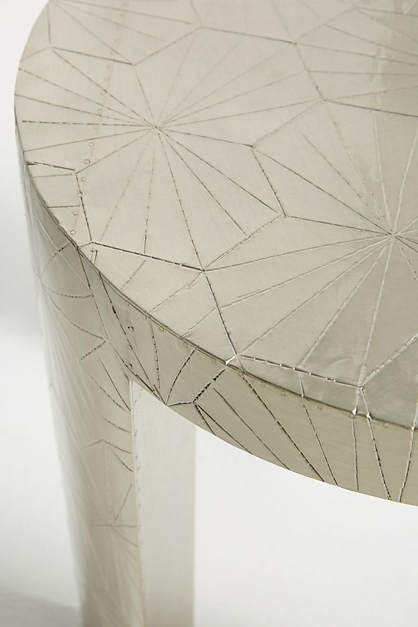 Handmade Custom Floral Embossed Side Table - White Metal Brass Round Accent Table for Living Room, Bedroom & Office Decor