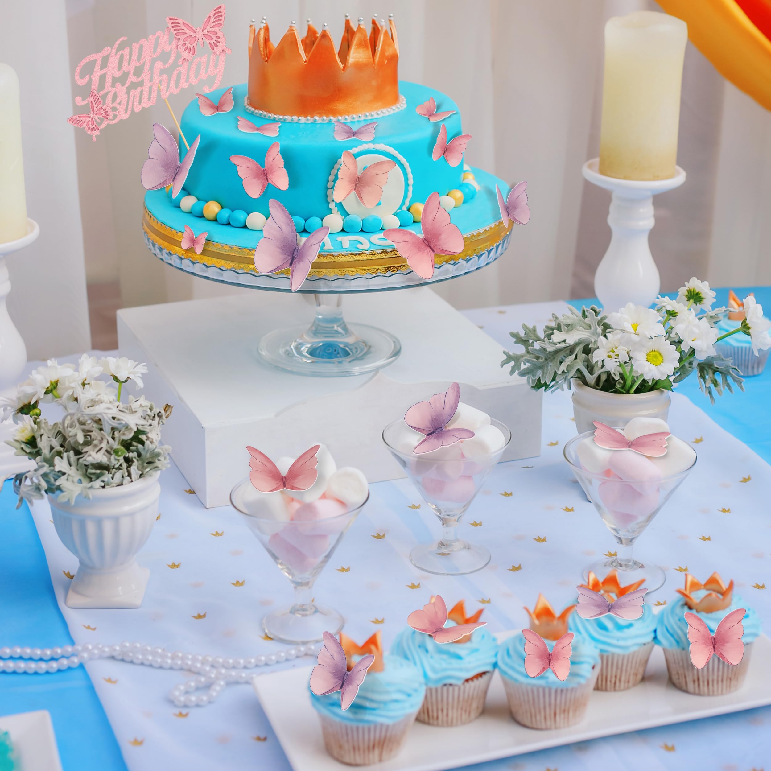 48 Pcs Edible Butterflies for Cake Decorations - 3D Wafer Paper Butterfly Cupcake Toppers, Happy Birthday Cake Topper for Party, Wedding & Baby Shower (Pink & Purple) - Perfect for Birthday Cakes, Cupcakes, Desserts & Special Occasions