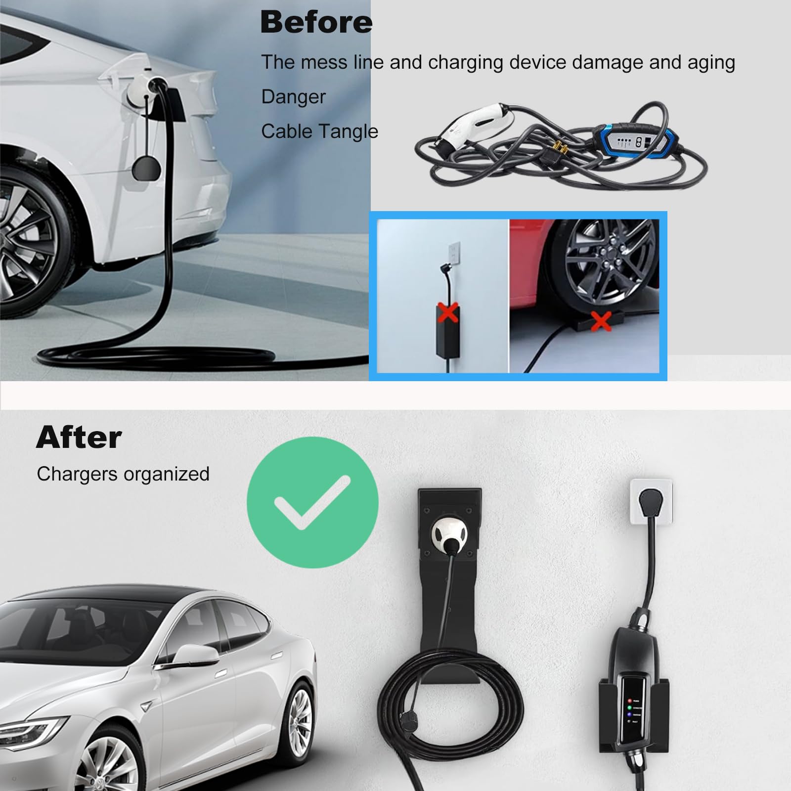EV Charger Holder Kit - Wall Mount Cable Organizer for SAE J1772 & Tesla Chargers - Includes Charging Box Holder, J-Hook & Nozzle Holster - Perfect for Garage, Parking Lot & Home EV Charging Stations